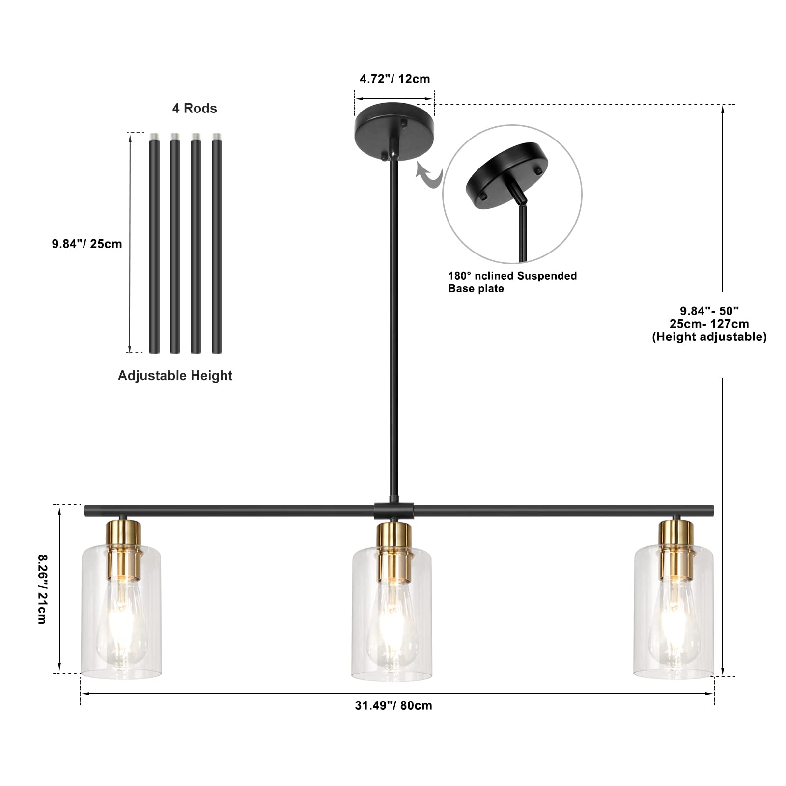 3-Light Farmhouse Chandelier - Black & Gold Linear Kitchen Island Lighting with Glass Shades | Modern Industrial Pendant Light for Dining Room & Breakfast Nook