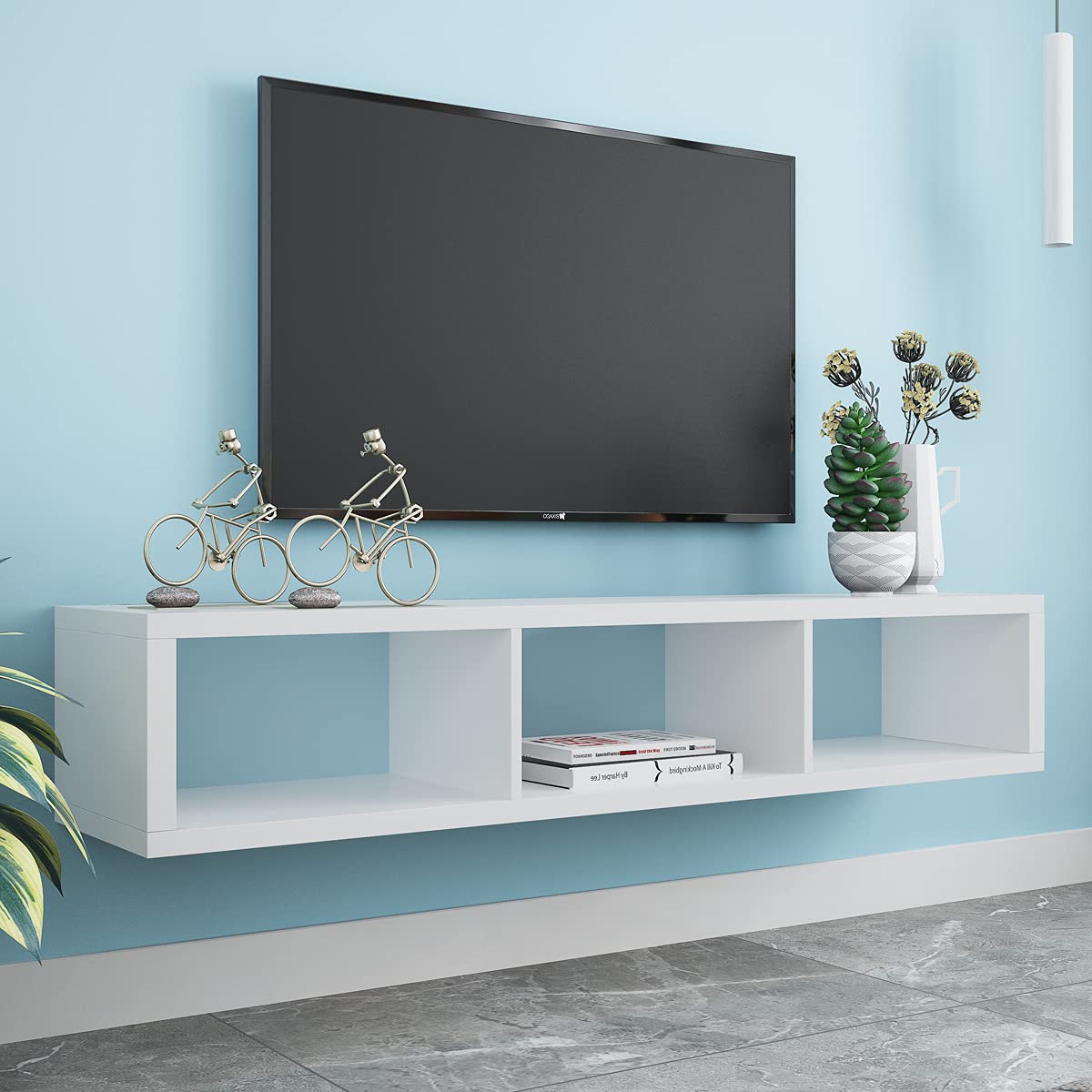 ZNLLS Floating TV Shelf Wall Mounted Media Console - 2 Tier Modern TV Stand with 3 Storage Compartments for Living Room, Bedroom, Office - Fits Up to 60 Inch TVs (White) - Perfect for Small Spaces & Home Entertainment Setup