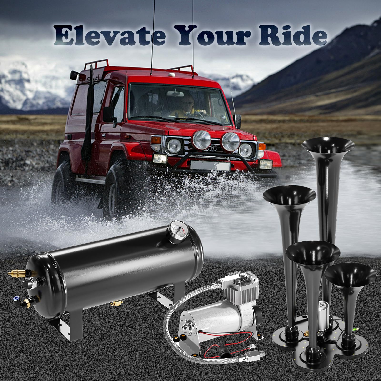 150DB Ultra Loud Train Air Horn Kit for Trucks - 4 Horns, 12V 150 PSI Air Compressor with Built-in 90-120 PSI Pressure Switch & Temperature Controller - 1.59 Gallon Black Tank - Perfect for Emergency Vehicles, Off-Roading & Marine Use