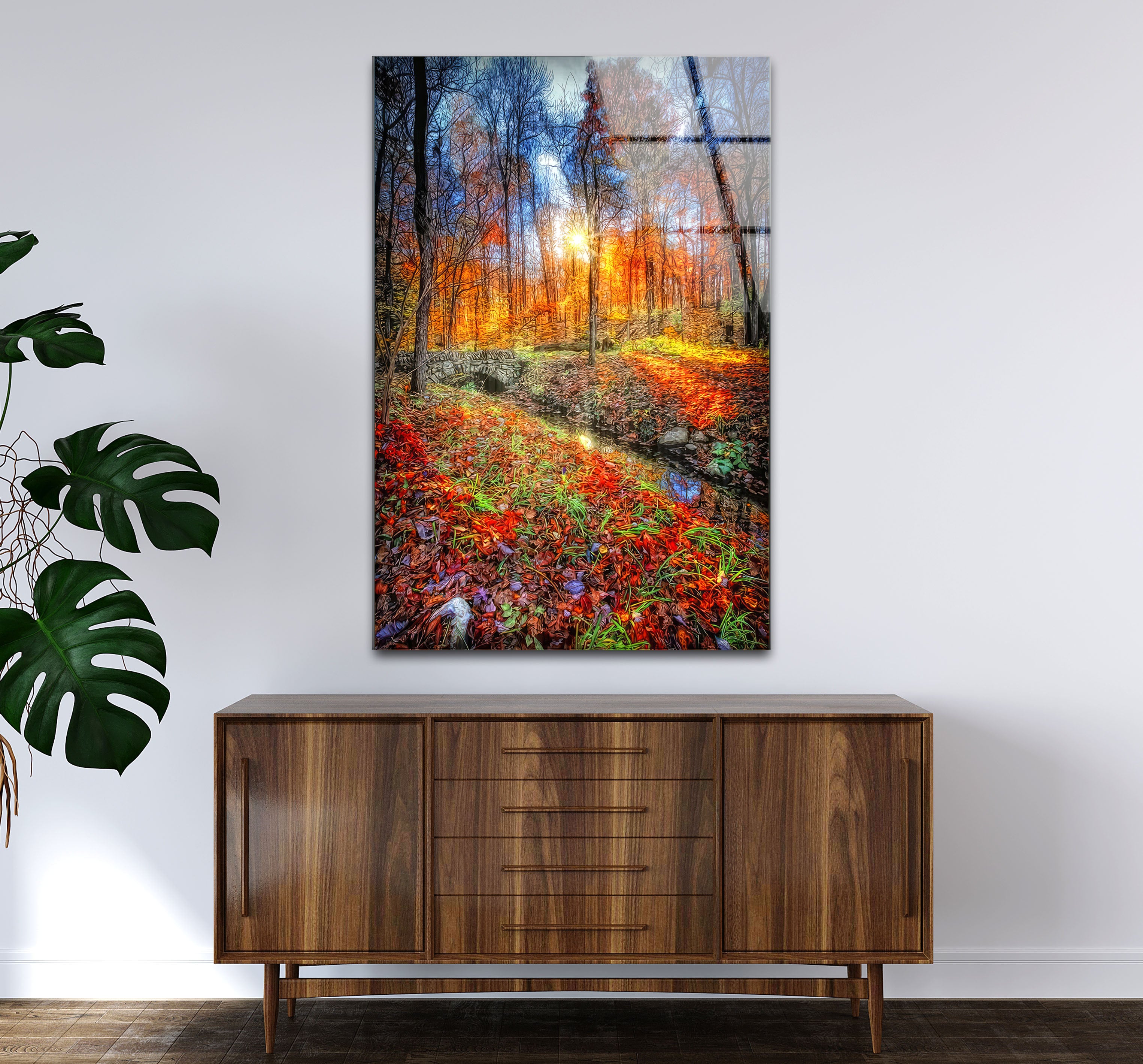 Autumn Forest Wall Art - Vibrant Fall Foliage Glass Print, Nature Landscape Decor for Living Room & Office | Perfect for Home & Office Decoration, Seasonal Gift Idea