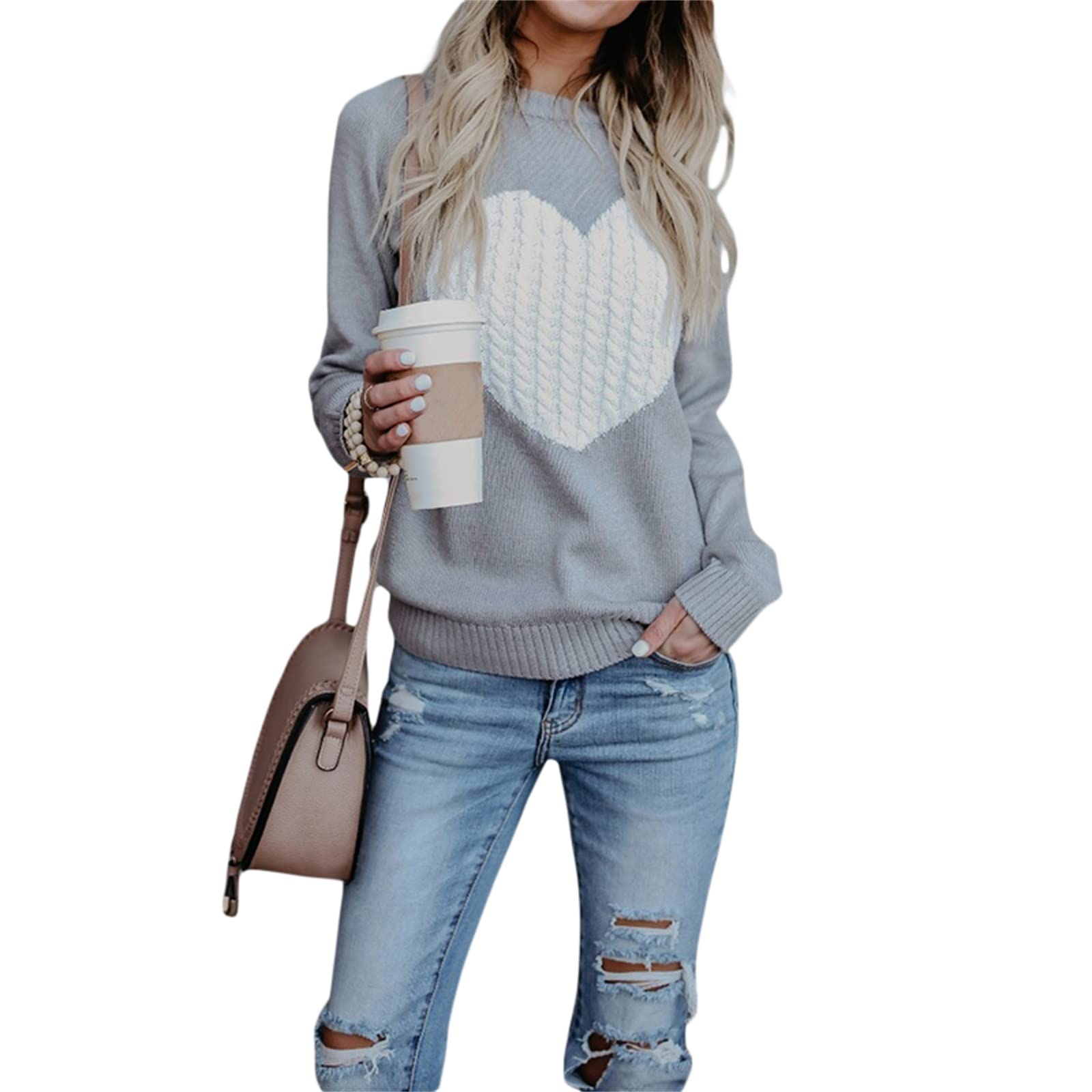 Women's Valentine Heart Sweater Top - Cute Heart Pattern & Elbow Patchwork Loose Knit Pullover Blouse | Perfect for Valentine's Day, Date Nights & Casual Winter Outfits