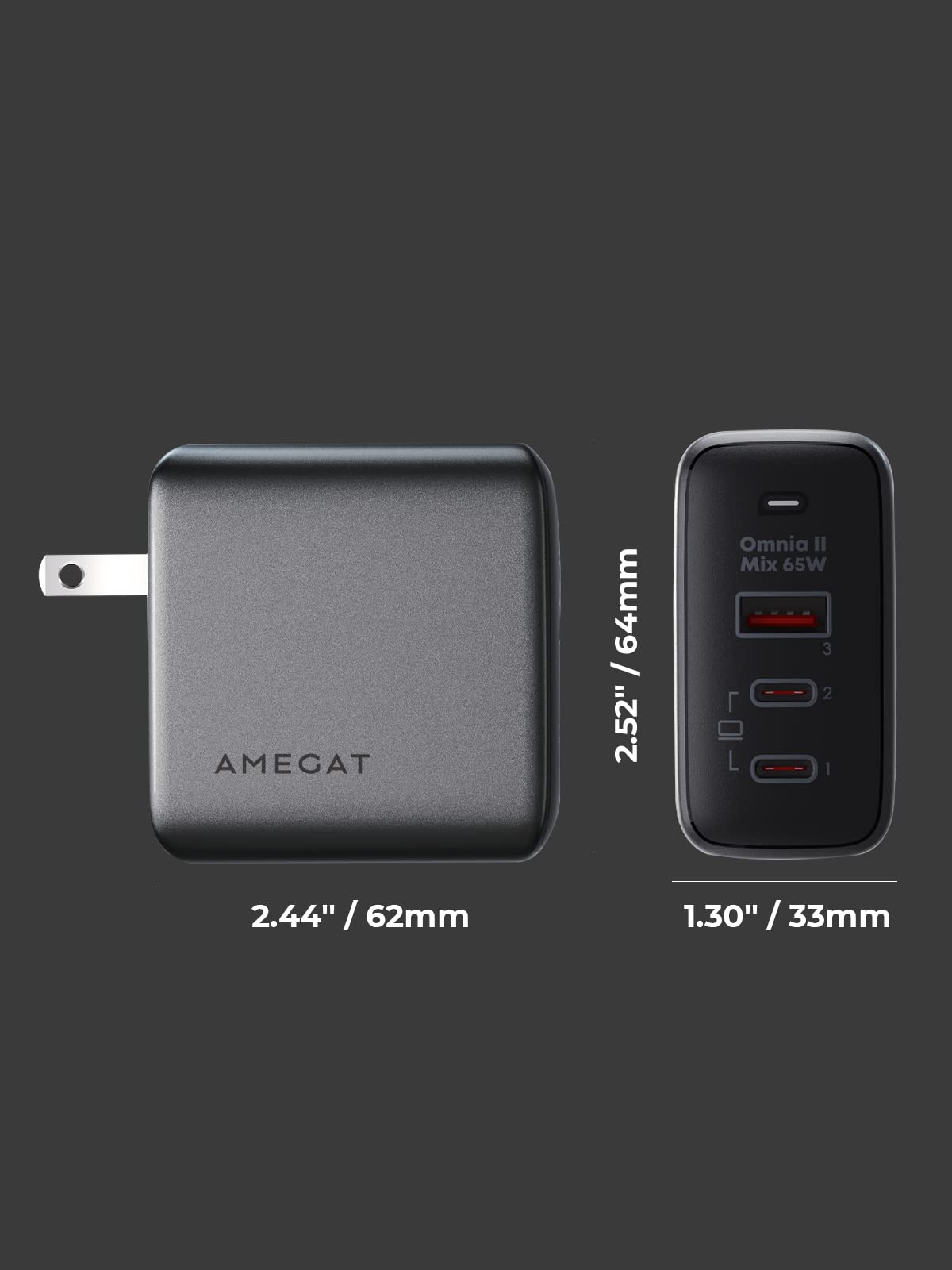 65W USB C GaN III Fast Charger, 3-Port PD 3.0 & PPS Wall Charger with Foldable Plug - Compact Power Adapter for MacBook Pro/Air, iPhone 16/15/14, iPad, Galaxy S24 | Perfect for Travel, Office & Home Charging