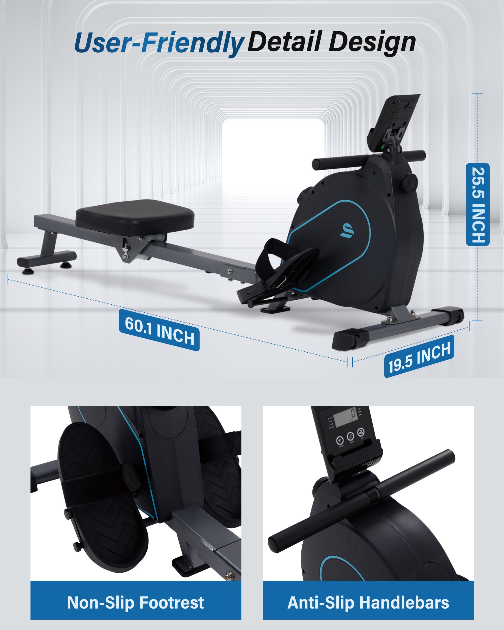 ECHANFIT Magnetic Rowing Machine for Home Gym - 16-Level Adjustable Resistance Rower with LCD Monitor, Ergonomic Seat & Tablet Holder (350 LB Weight Capacity) - Perfect for Cardio Workouts, Full-Body Training & Small Spaces