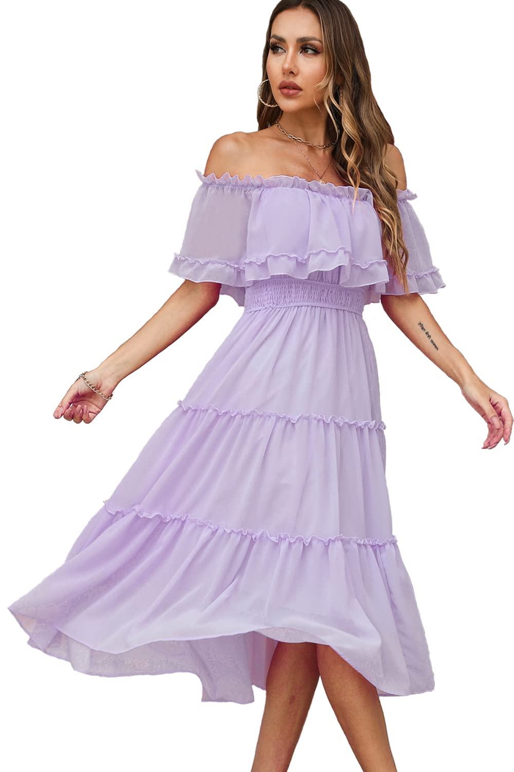 MAXVIGOR Women's Off Shoulder Ruffle Midi Dress - Wedding Guest, Cocktail Party, Summer Beach Dress - Flowy Tiered A-Line Design for Casual & Special Occasions