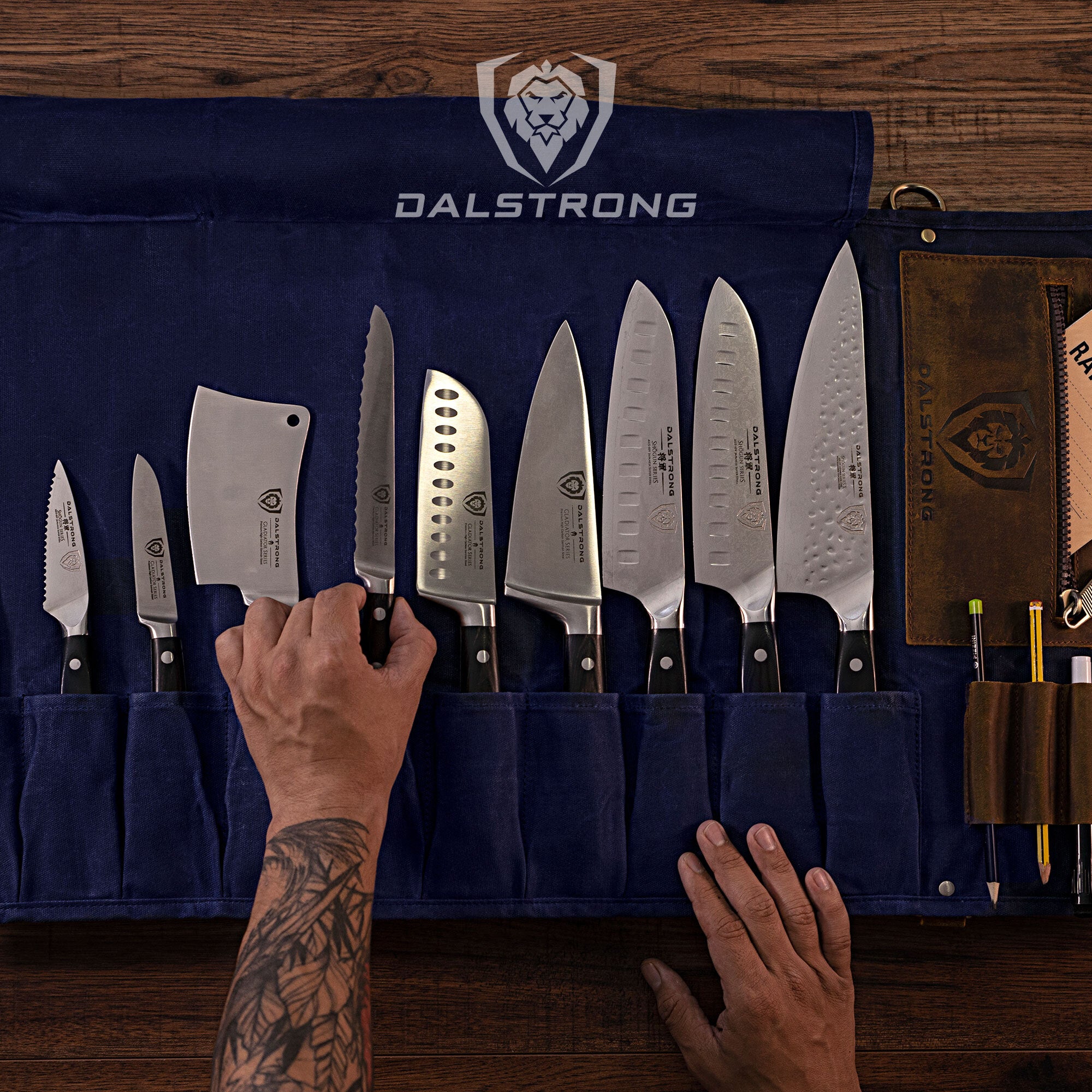 12oz Heavy Duty Canvas & Leather Knife Roll - Blue | Dalstrong Professional Chef Knife Storage | Perfect for Travel, Camping & Kitchen Organization