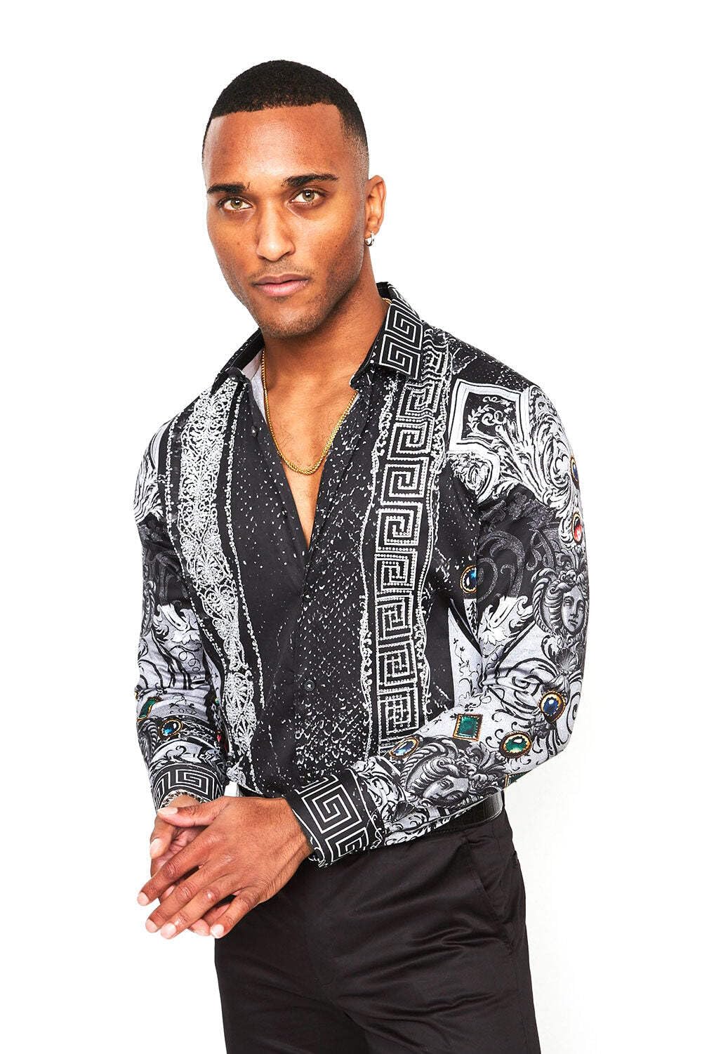 Barabas Men's Rhinestone Greek Snake Pattern Shirt SPR962 - Stylish Party & Nightclub Wear for Men