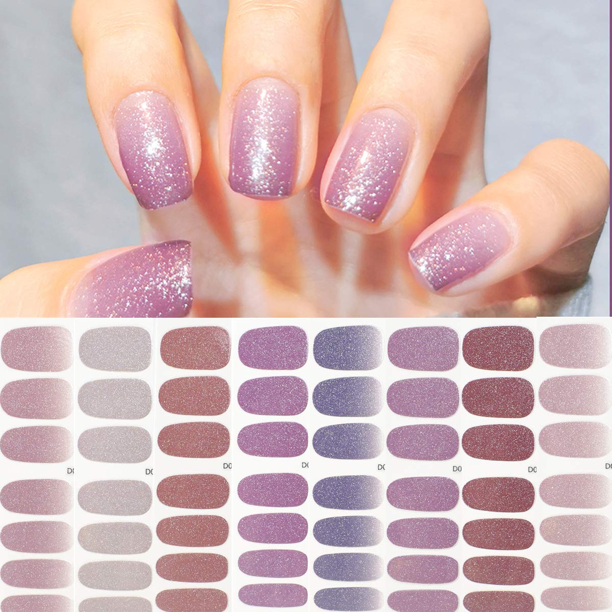 8 Sheets Pink Glitter Nail Wraps - Self-Adhesive Full Nail Strips for Women, Nail Art Polish Stickers, Solid Color Nail Decals - Perfect for Parties, Weddings & Everyday Manicures