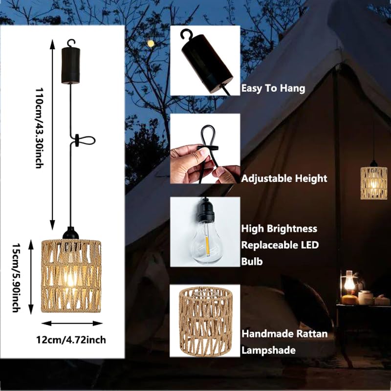 2X Battery Operated Pendant Light Outdoor Chandelier with LED Bulb & Rattan Shade - Waterproof Hanging Lamp for Gazebo, Porch, Patio, Backyard, Bedroom, Kitchen - Powered by 4 AA Batteries - Perfect for Romantic Dinners, Outdoor Entertaining & Cozy Ambiance