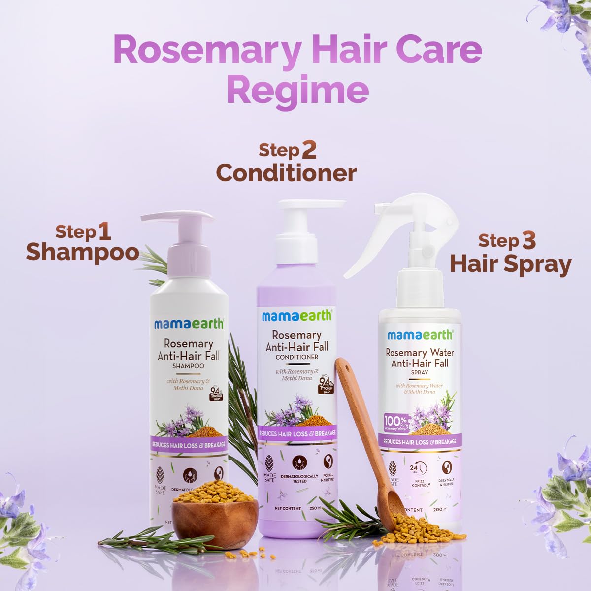 Mamaearth Rosemary Water Anti-Hair Fall Spray with 100% Pure Rosemary & Fenugreek Extract | Hair Growth Treatment for Stronger, Thicker Hair | 24-Hour Frizz Control & Shine | Folligen ANALupe & Fision Aquashield Technology | 200ml | Perfect for Daily Hair Care & Styling