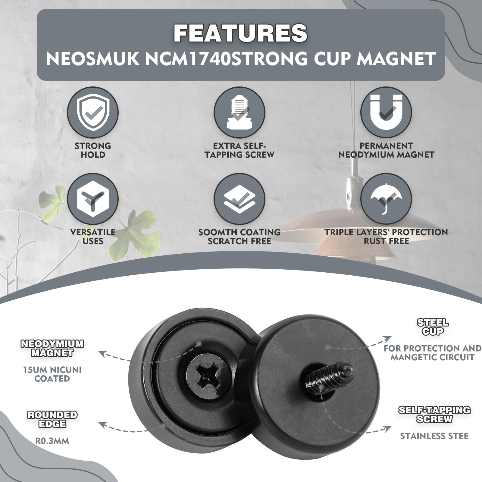 Neosmuk 22lbs Strong Neodymium Disc Magnets with Screws & Center Holes - Heavy Duty Cup Magnets with Mounting Holes - High Strength Rare Earth Round Magnets (Black) - Perfect for Workshop, DIY Projects & Industrial Applications