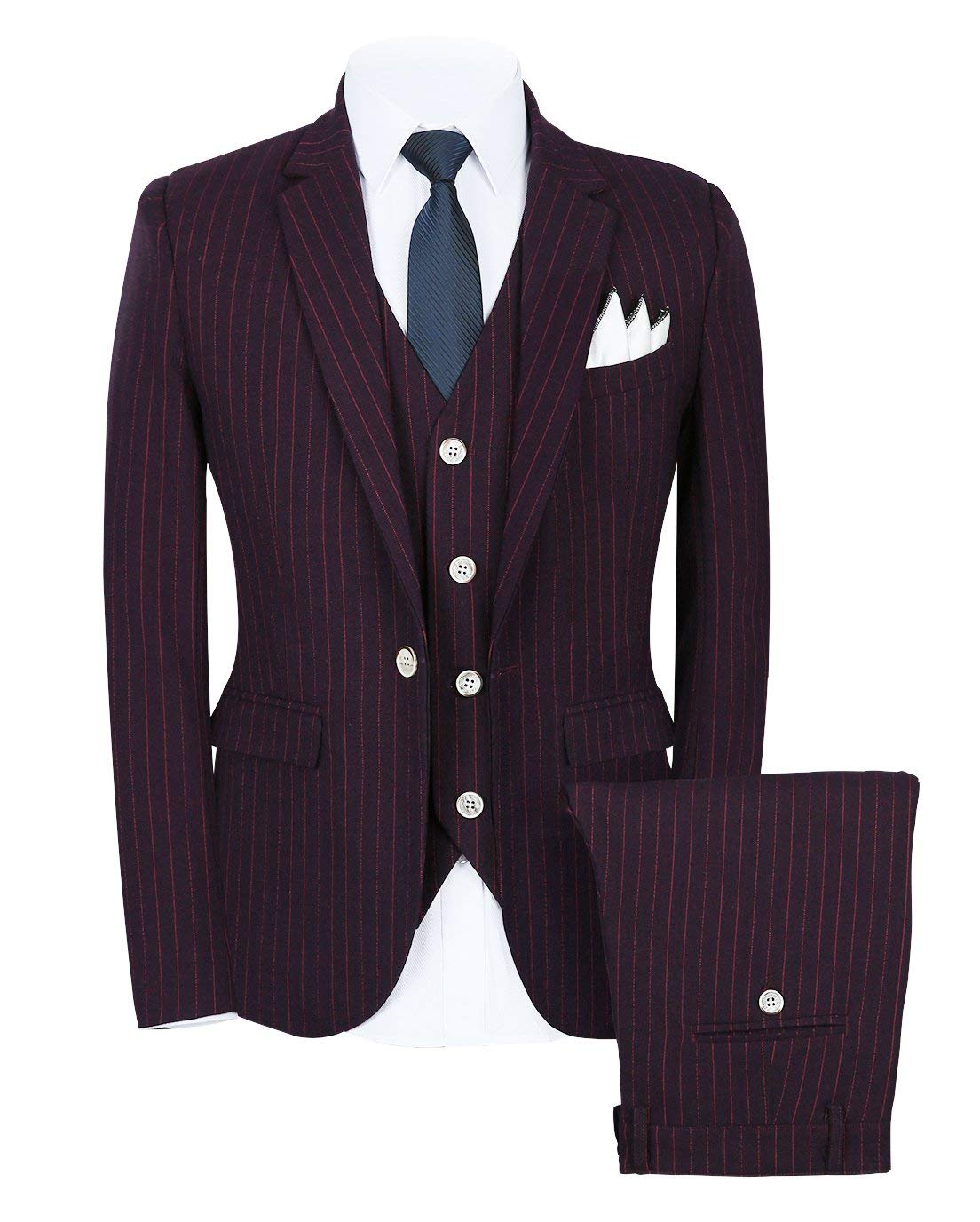Men's Slim Fit Stripe 3-Piece Suit Set - Single Button Jacket, Vest & Dress Pants for Wedding, Business & Formal Occasions | Perfect for Grooms, Prom & Office Wear