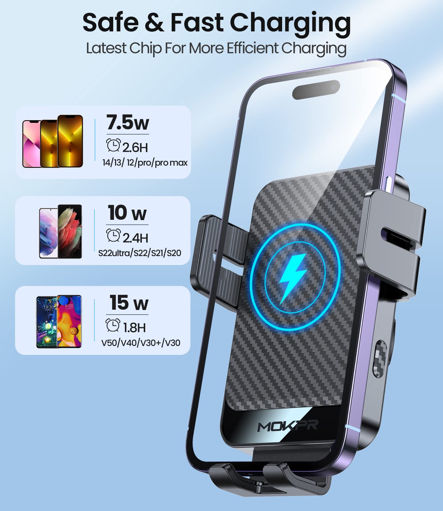 MOKPR 15W Fast Wireless Car Charger - Auto-Clamping Universal Car Mount for iPhone 16/15/14/13/12, Samsung S23/S22/S21 - Hands-Free Charging for Dashboard, Windshield & Air Vent - Perfect for Commuting, Road Trips & GPS Navigation