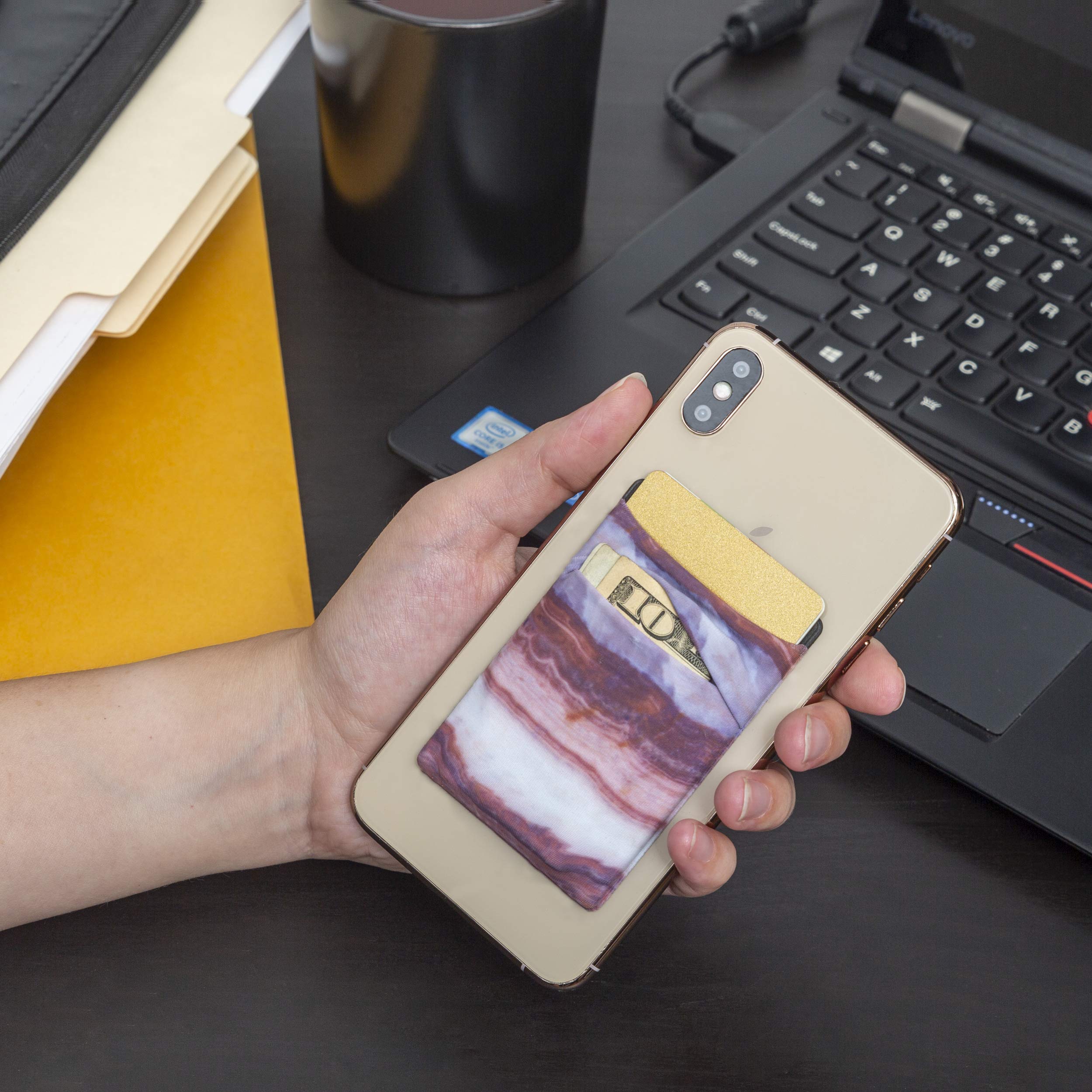 Stick-On Phone Wallet Case - Slim Card & Money Holder for iPhone & Android | Purple & Light Pink Marble Design | Hands-Free Convenience for Shopping, Travel & Daily Use