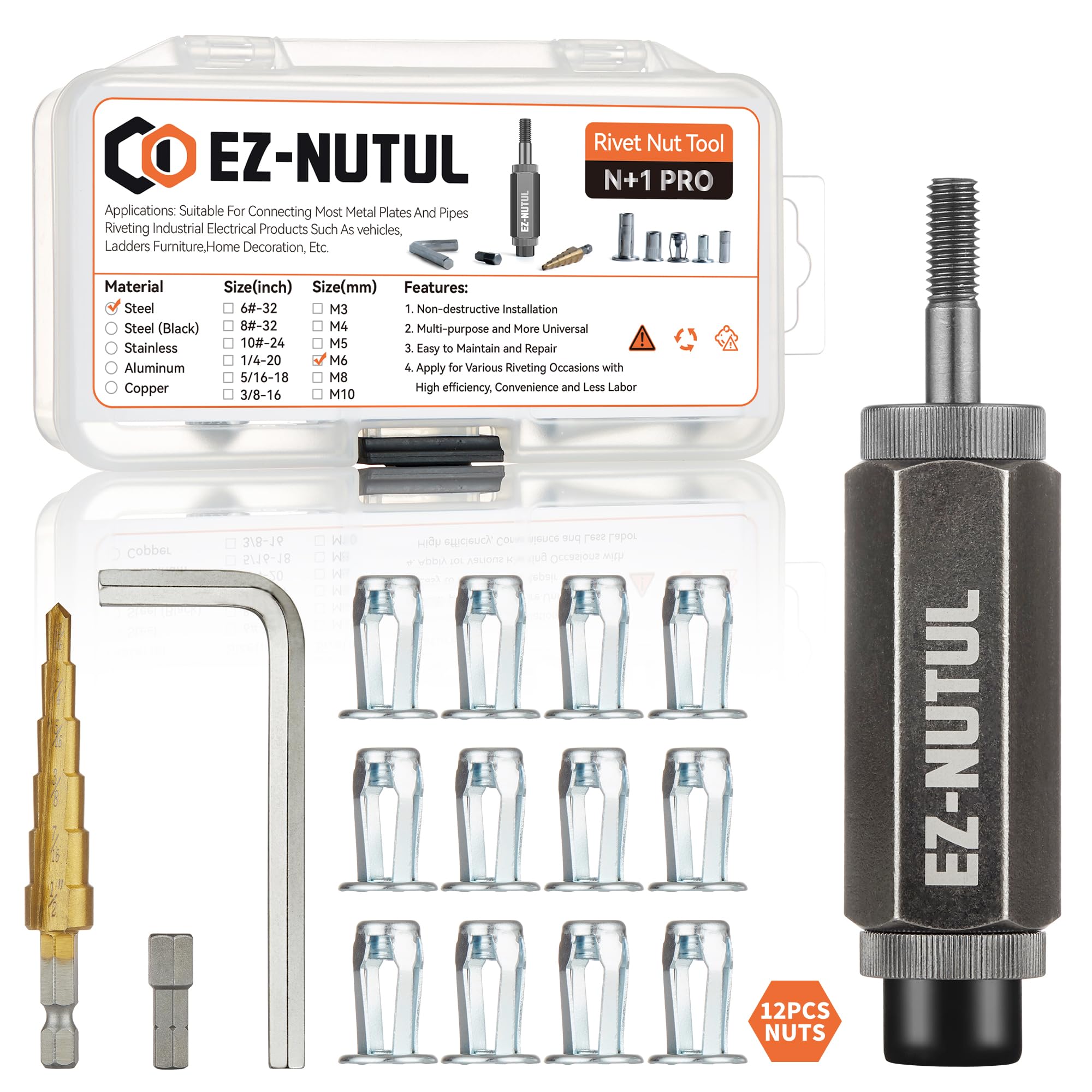 Jack Nut Installation Tool Set - M6 Hand Thread Insert Jacknuts Assortment Kit for Thin Metal, Plastic, Polywood, Pressboard & Hardboard (12pcs Long) - Perfect for DIY Projects, Furniture Assembly & Automotive Repairs