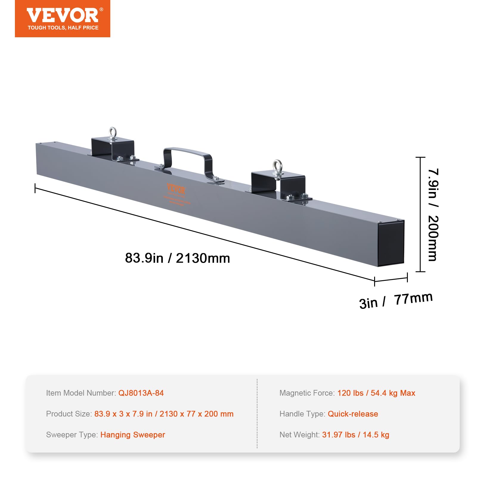 VEVOR 84 Inch Magnetic Sweeper - 120LBS Capacity Industrial Magnet for Nails, Bolts & Iron Chips - Heavy Duty Aluminum Surface Forklift Magnet for Construction, Workshop & Hunting Accessories - Perfect for Garage Cleanup, Job Sites & Metal Recycling