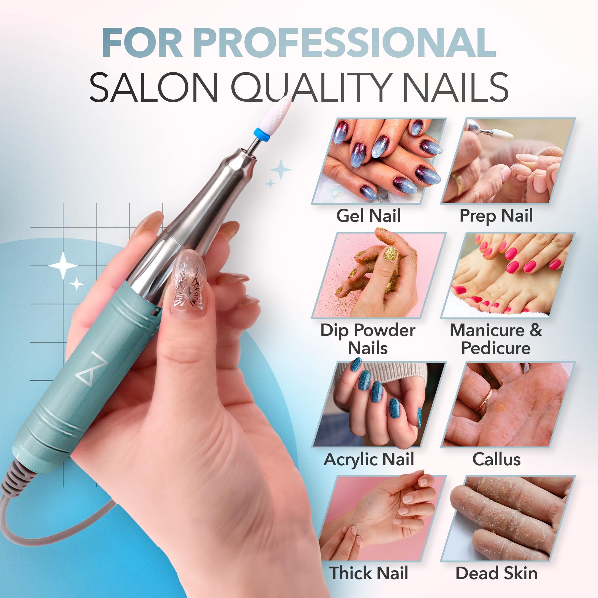 Professional Nail Drill Machine - Coreless 2-in-1 Electric Nail File, Cordless, 35000 RPM, HD Display - Salon & Home Manicure Pedicure Kit (Teal) - Perfect for Nail Art, Acrylics & Gel Extensions