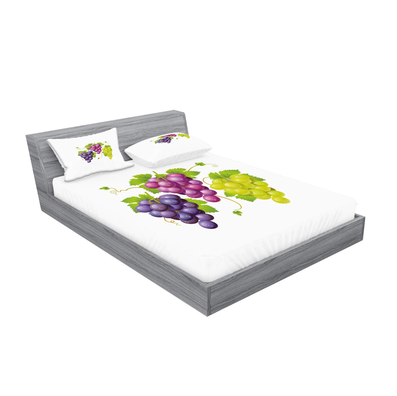 Ambesonne Vineyard Fitted Sheet & Pillow Sham Set - 3 Piece Burgundy Ivy Printed Bedding Decor with Fresh Agriculture Artwork | Elegant Purple Green Home Decor for Master Bedroom, Guest Room or Farmhouse Style