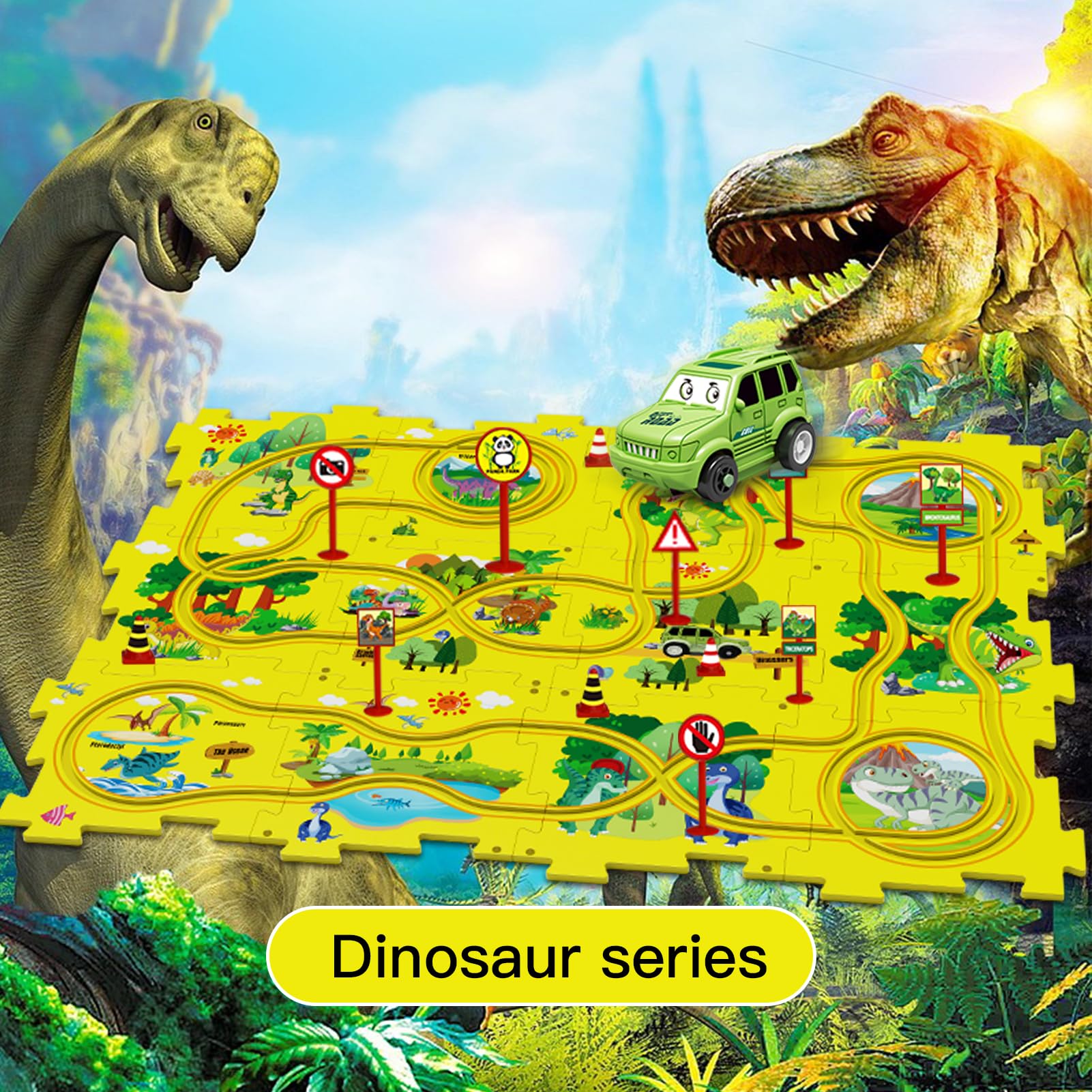 25-Piece Dinosaur-Themed Puzzle Car Track Toy Set for Kids Ages 3-6 | Plastic Interlocking Rail Tracks with 1 Cute Vehicle | Preschool Educational STEM Learning Toy for Toddler Boys & Girls | Perfect for Birthday Gifts & Indoor Playtime