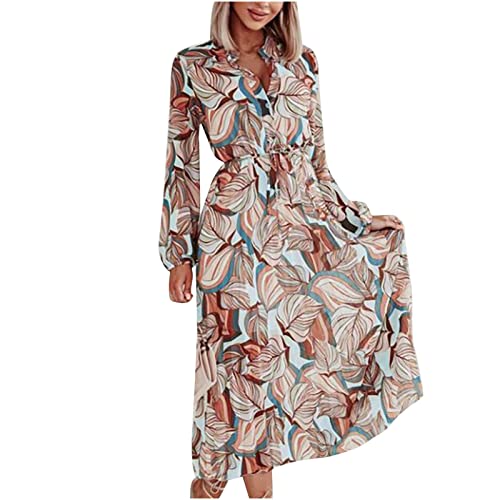 Vintage Floral Long Sleeve Midi Dress for Women - Deep V Neck with Tie Belt, Elegant Cocktail Party & Wedding Guest Dress for Fall/Winter Occasions