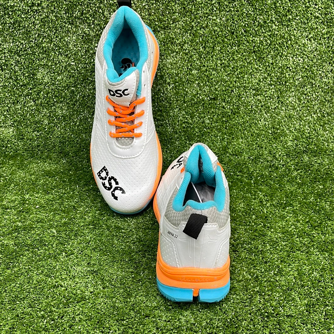 DSC Jaffa 22 White & Orange Junior Youth Cricket Shoes - Perfect for Kids Cricket Matches & Training Sessions