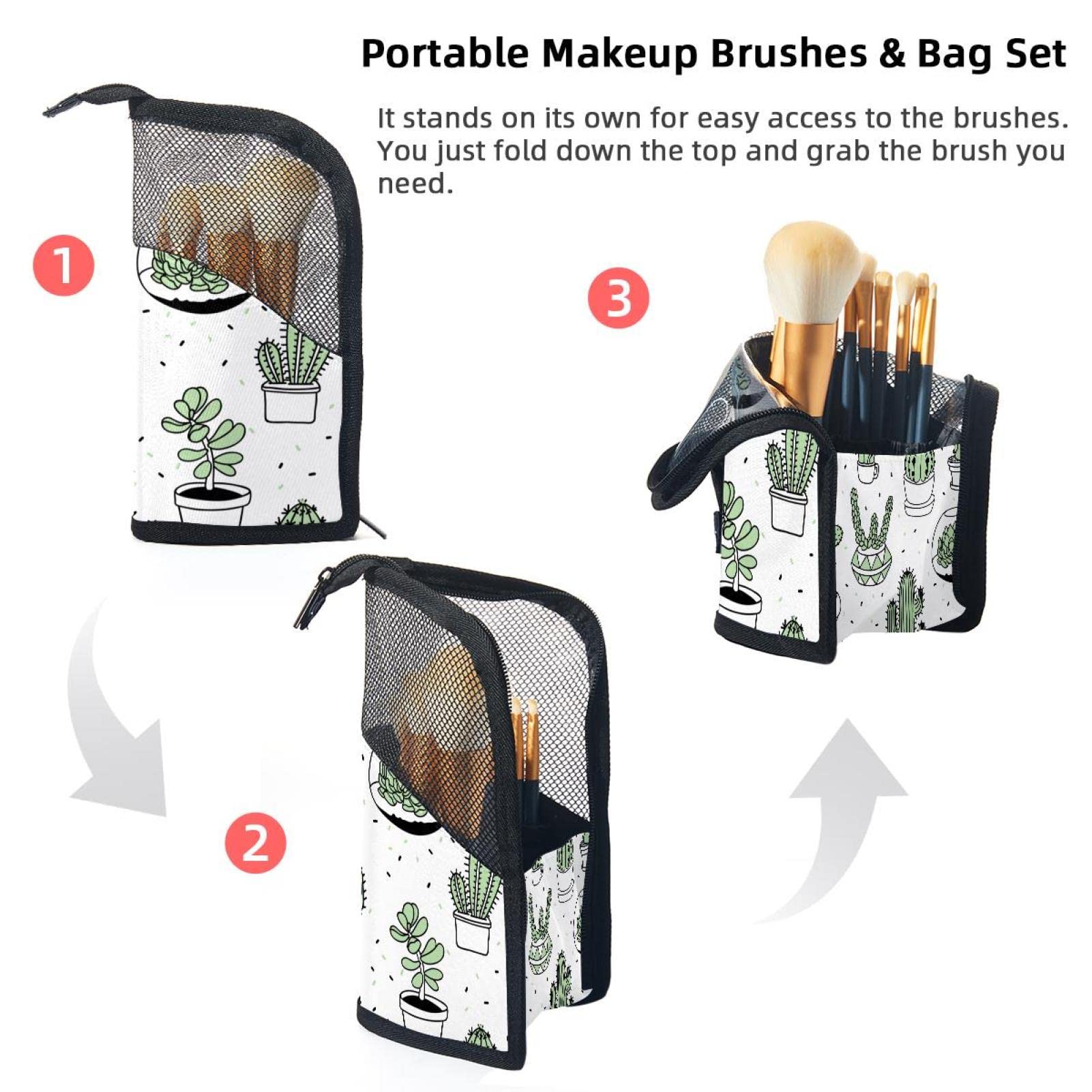 12-Piece Makeup Brush Organizer Bag with Green Cactus Design - Portable Cosmetic Brush Holder Case for Travel, Home & Professional Use
