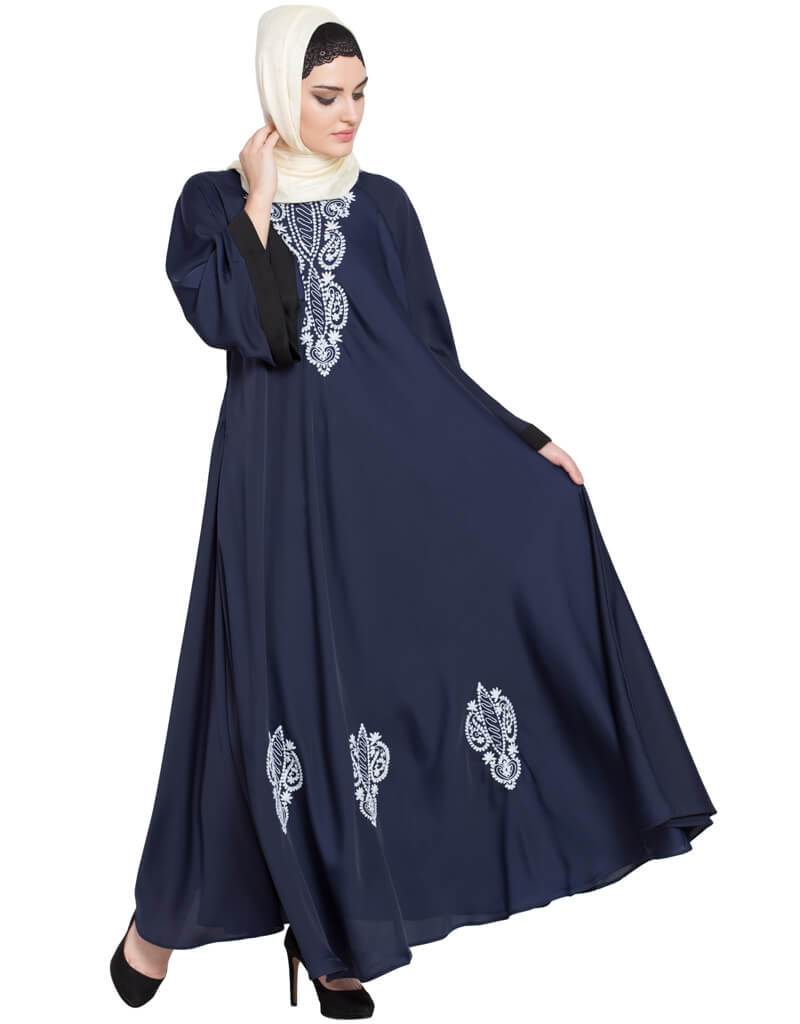 Hand Embroidered Arabic Umbrella Nida Abaya in Blue - Perfect for Islamic Prayer, Mosque Visits & Special Occasions