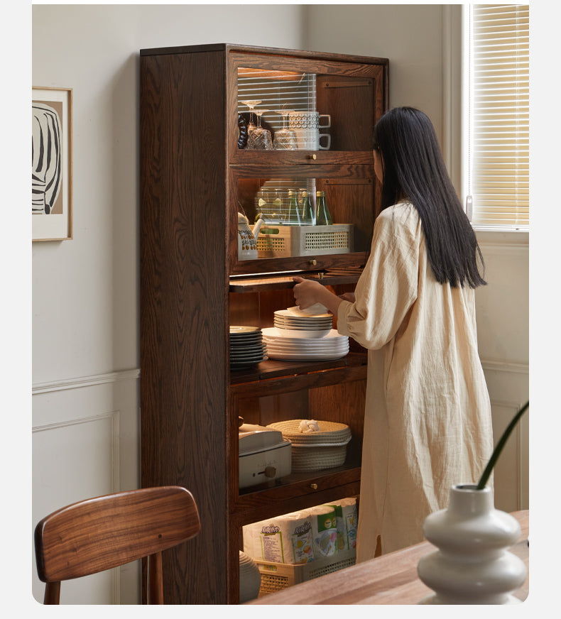 Solid Black Walnut & Oak Wood Glass Flip Door Bookcase - Modern Side Cabinet for Living Room, Office & Bedroom Storage