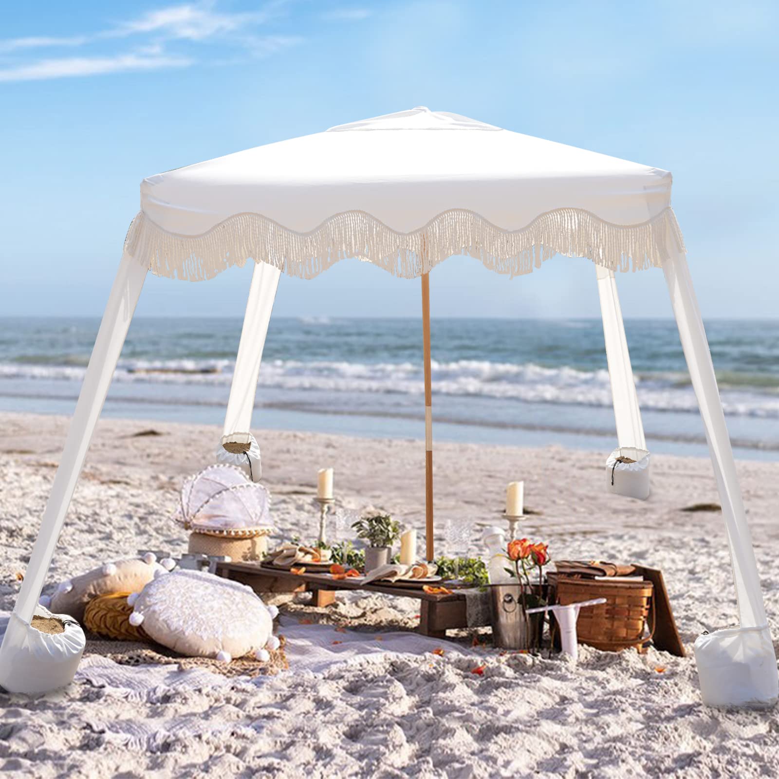 AMMSUN 6'×6' Boho Beach Cabana with Fringe & Tassels - Premium Wood Pole, Easy Setup Sun Shade Tent with Sand Pockets - Perfect for Beach, Poolside, Garden, Patio & Backyard Relaxation - Elegant White Canopy Shelter