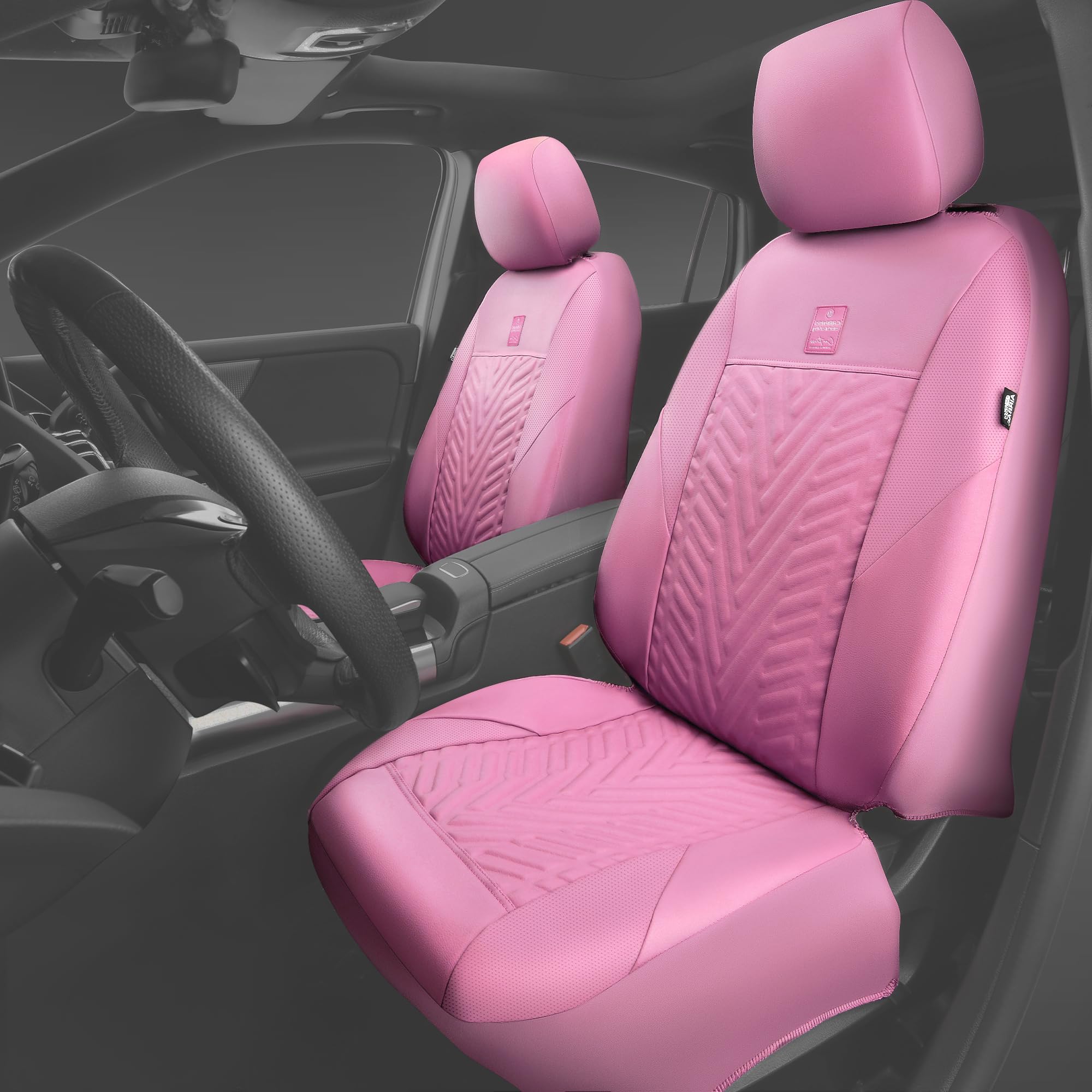 Premium CAR PASS Deluxe Faux Leather Car Seat Covers - 2 Front Seats Only, 3D Tire Embossed Waterproof Pink Seat Protectors | Airbag Compatible, Universal Fit for SUV, Truck & Automotive | Perfect for Daily Commute, Road Trips & Vehicle Protection (Pink)