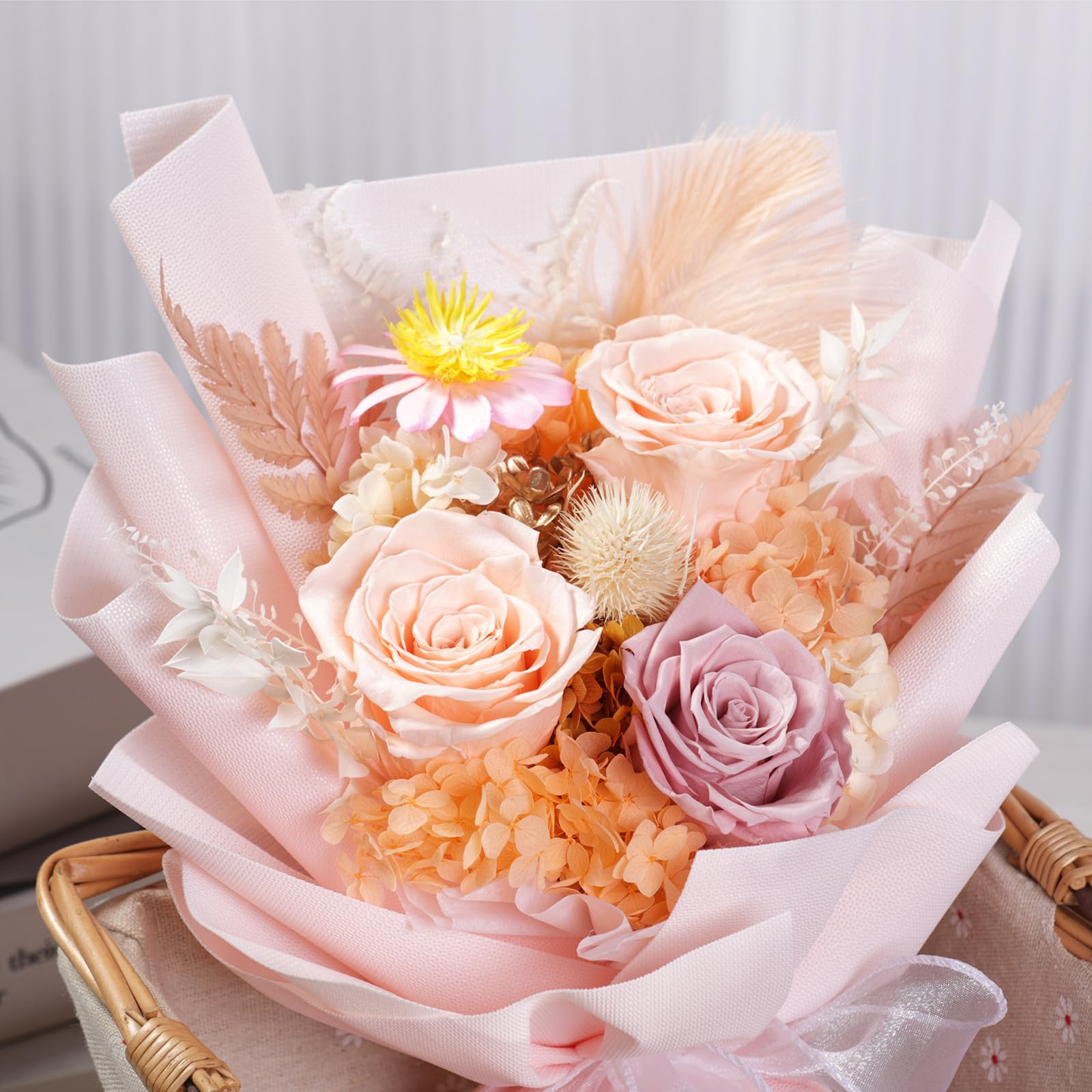 Lovenfold Preserved Flowers Bouquet - Long Lasting Champagne Roses (1-3 Years) | Birthday Gifts for Women, Mom, Grandma, Wife & Friends | Perfect for Home Decor, Wedding Centerpieces & Special Occasions