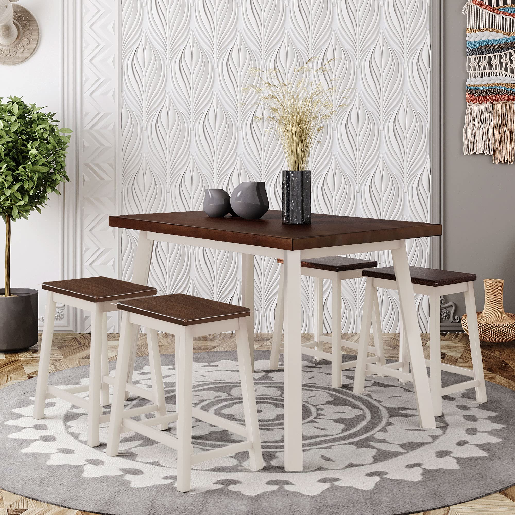 SSLine 5-Piece Rustic Wood Counter Height Dining Set with 4 Bar Stools - Kitchen Pub Table & Chairs for Breakfast Nook, Small Space Kitchen & Compact Dining Areas - Perfect for Apartments, Condos & Cozy Homes