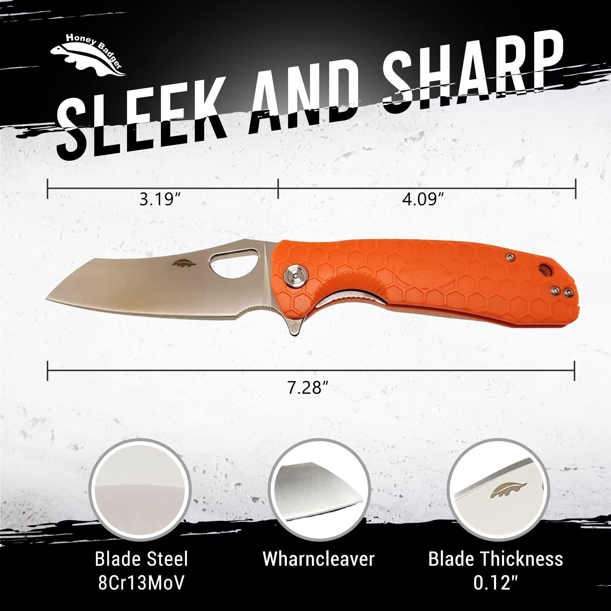 Western Honey Badger Wharncleaver Pocket Knife - 8Cr13Mov Steel Blade, Tactical Folding Knife with Deep Carry Clip for Everyday Carry (EDC), Outdoor Survival, Camping & Hiking - Medium Orange HB1068