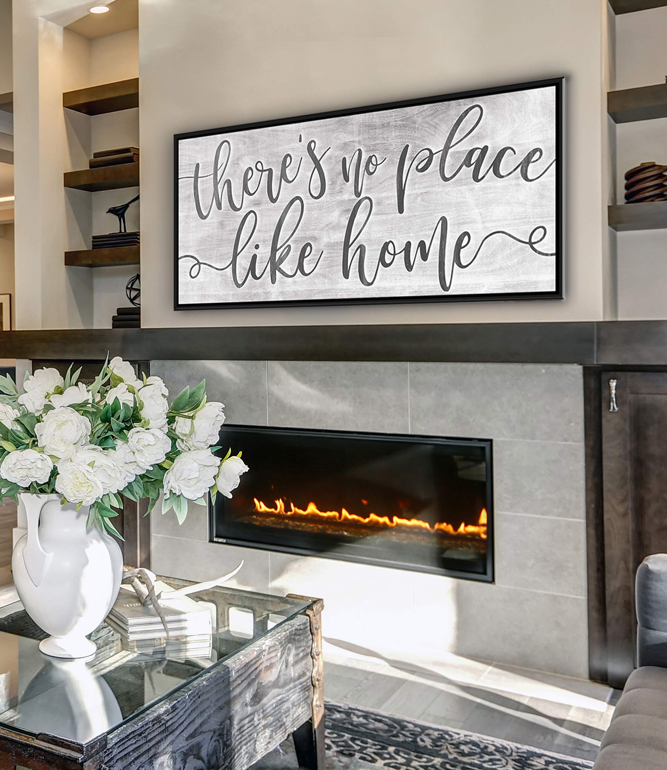 Artistic Home Wall Decor - 'There's No Place Like Home' Framed Print (42x19 Inch) | Rustic Living Room Decoration | Housewarming Gift Idea | Perfect for Farmhouse, Apartment & Office Decor | Light Grey with Black Floating Frame