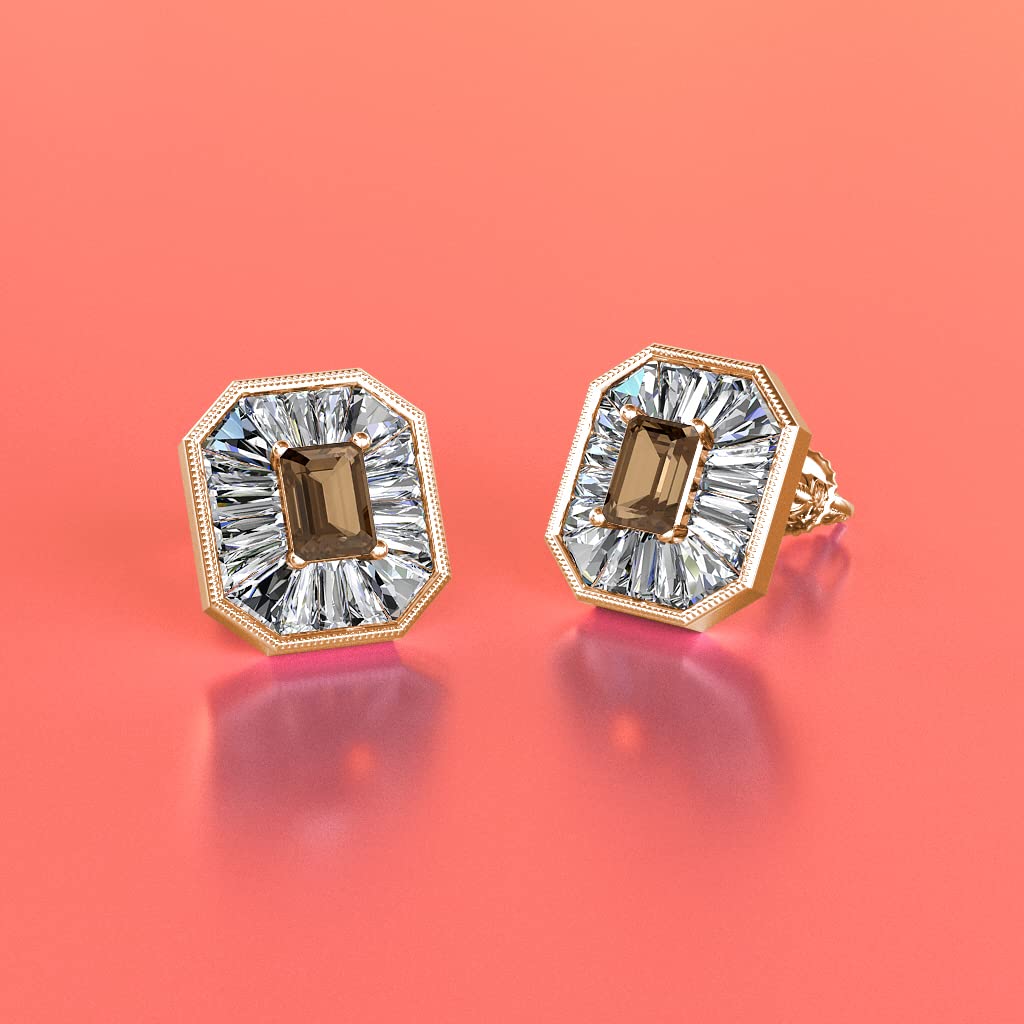 Emerald Cut Smoky Quartz & Diamond Stud Earrings for Women - 1.16ctw Natural Gemstones in 14K Gold Milgrain Setting | Perfect for Weddings, Anniversaries & Special Occasions