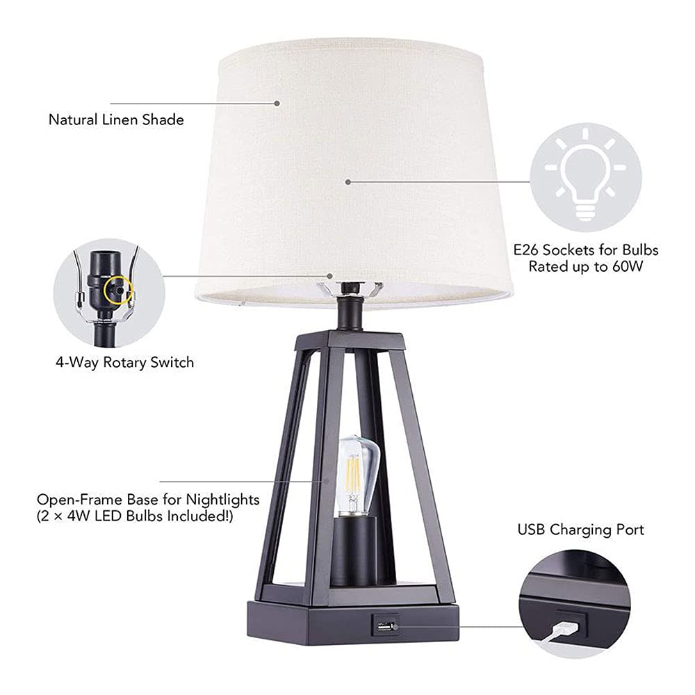 Farmhouse Bedside Lamps with USB Charging Ports - E26 Table Lamps for Bedroom, Living Room & Office - Set of 1 or 2 Industrial Modern Nightstand Lamps - Perfect for Reading, Charging Devices & Home Decor