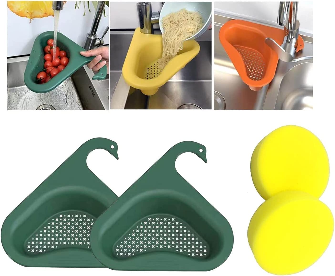 Premium Swan Drain Basket Sink Strainer - 2 Pack Reusable Sponge Included - Multi-Functional Corner Kitchen Sink Filter with Water Storage Tank - Universal Fit for All Sinks (Green) - Perfect for Small Kitchens, RV Sinks & Bathroom Vanities