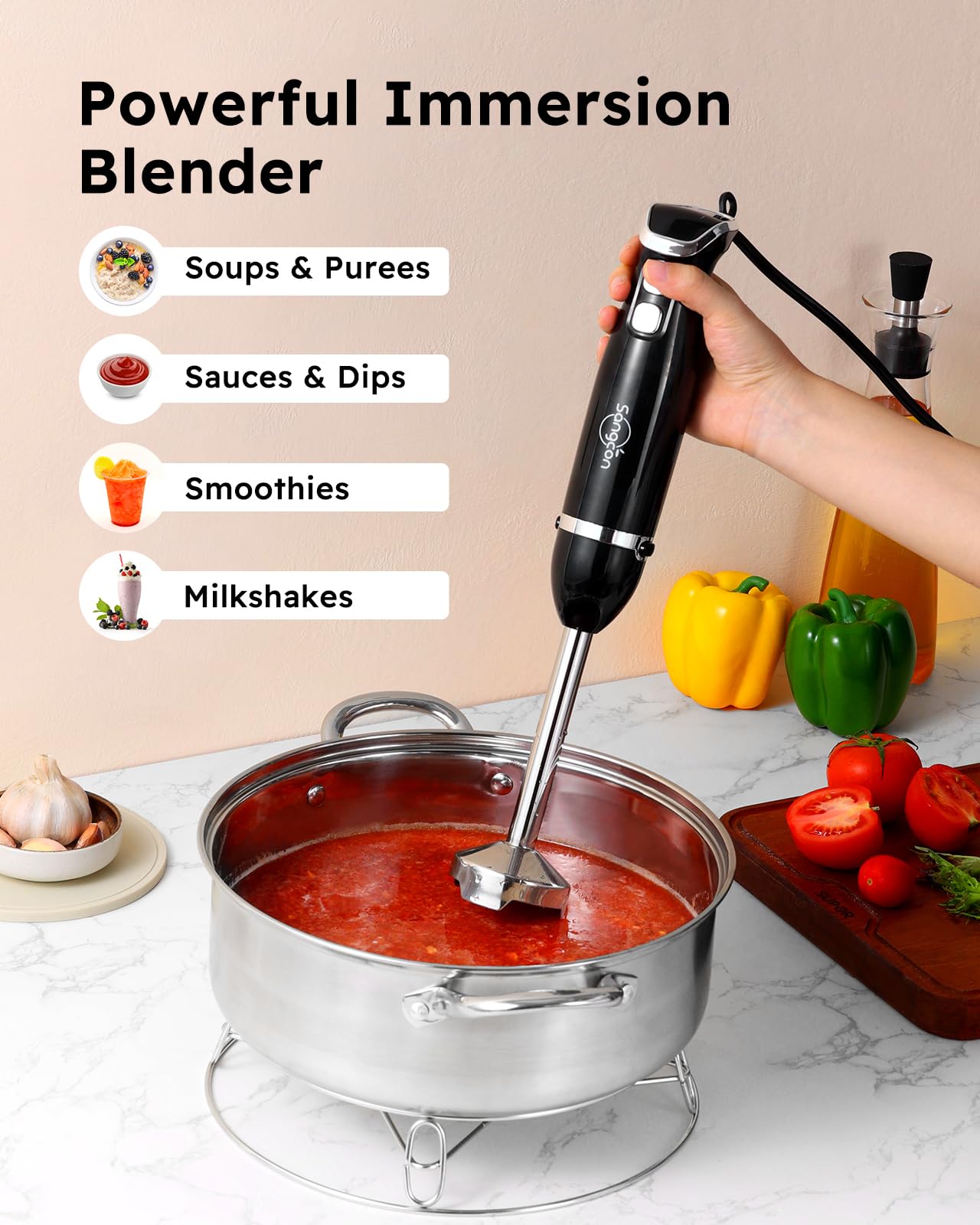 Sangcon 400W 3-in-1 Immersion Hand Blender with Stainless Steel Blade, Whisk & Milk Frother Attachments - Powerful Electric Handheld Blender for Smoothies, Soups, Baby Food & Baking - Black