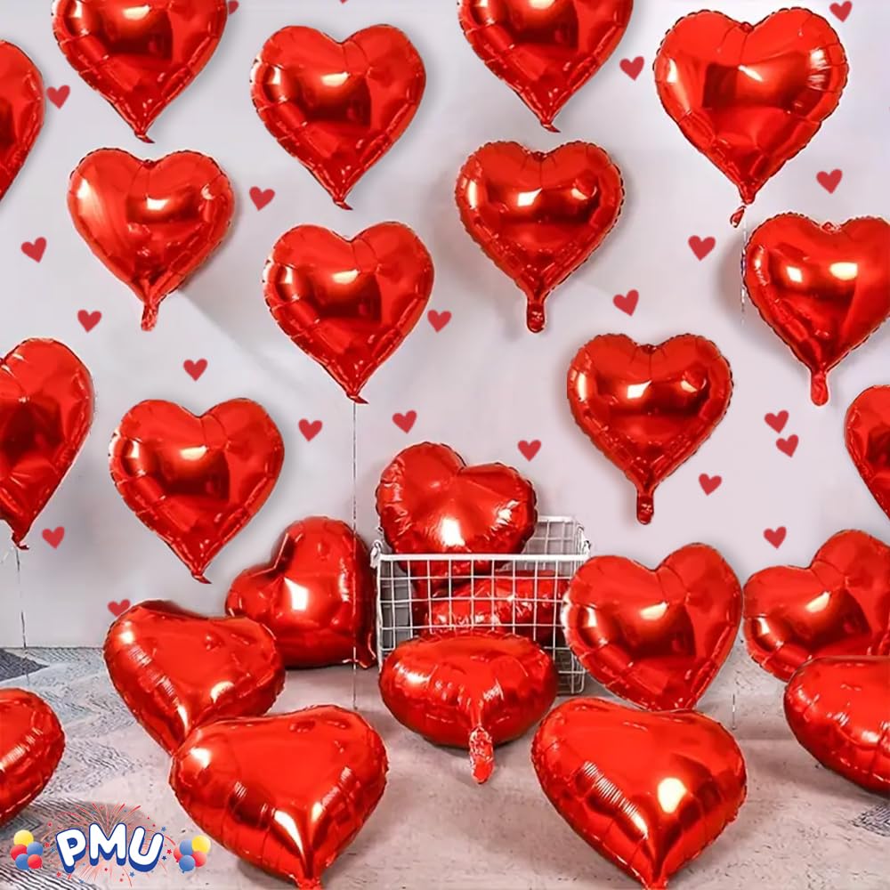 Valentine's Day Red Heart Shaped 18 Inch Mylar Foil Balloons - Pack of 100 for Party Decorations, Wedding Decor & Romantic Events