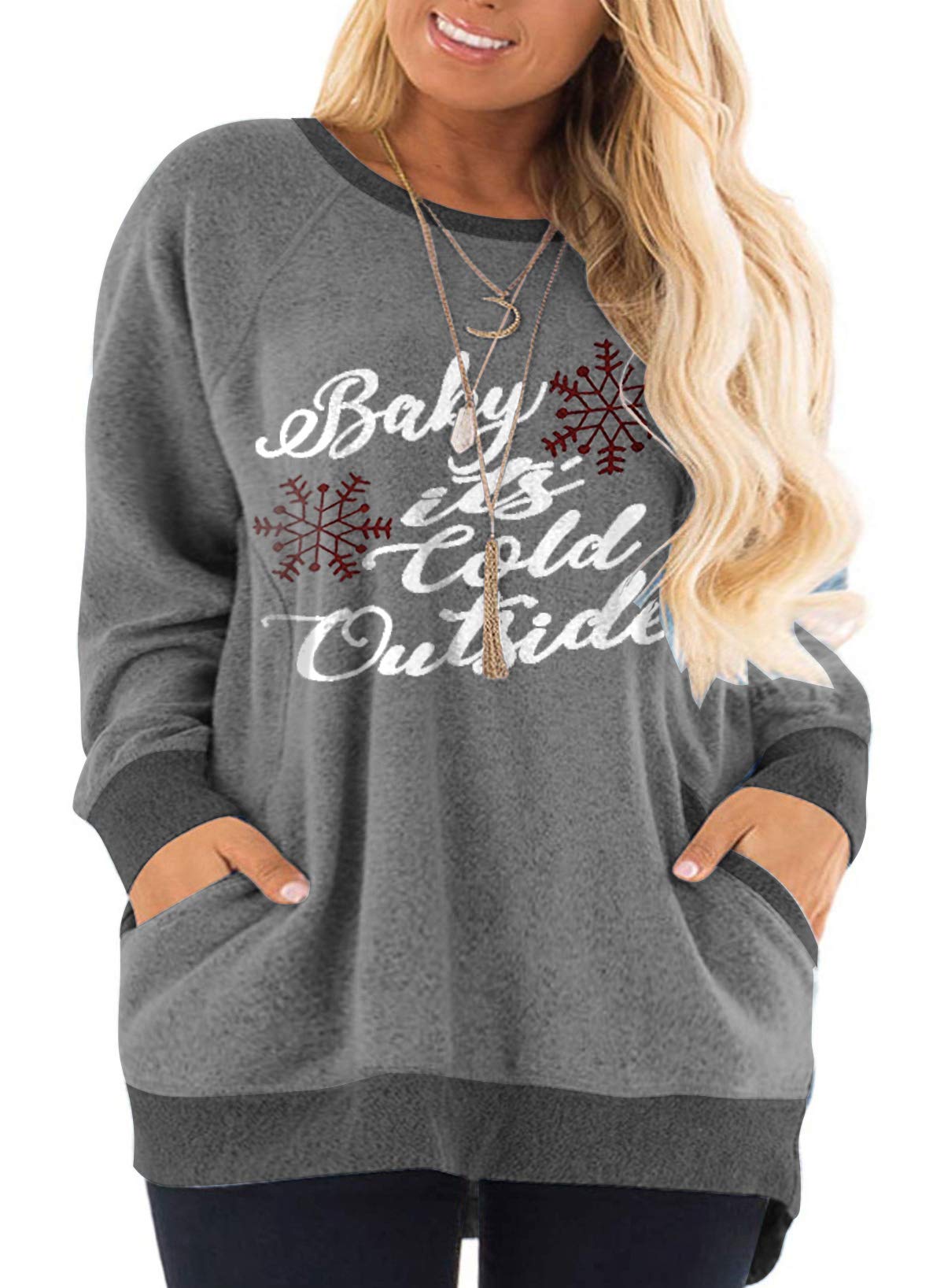 DOLNINE Women's Plus Size Color Block Sweatshirt with Long Sleeves & Pocket - Cozy Casual Pullover for Fall & Winter, Lounge Wear, Running Errands, and Weekend Outings
