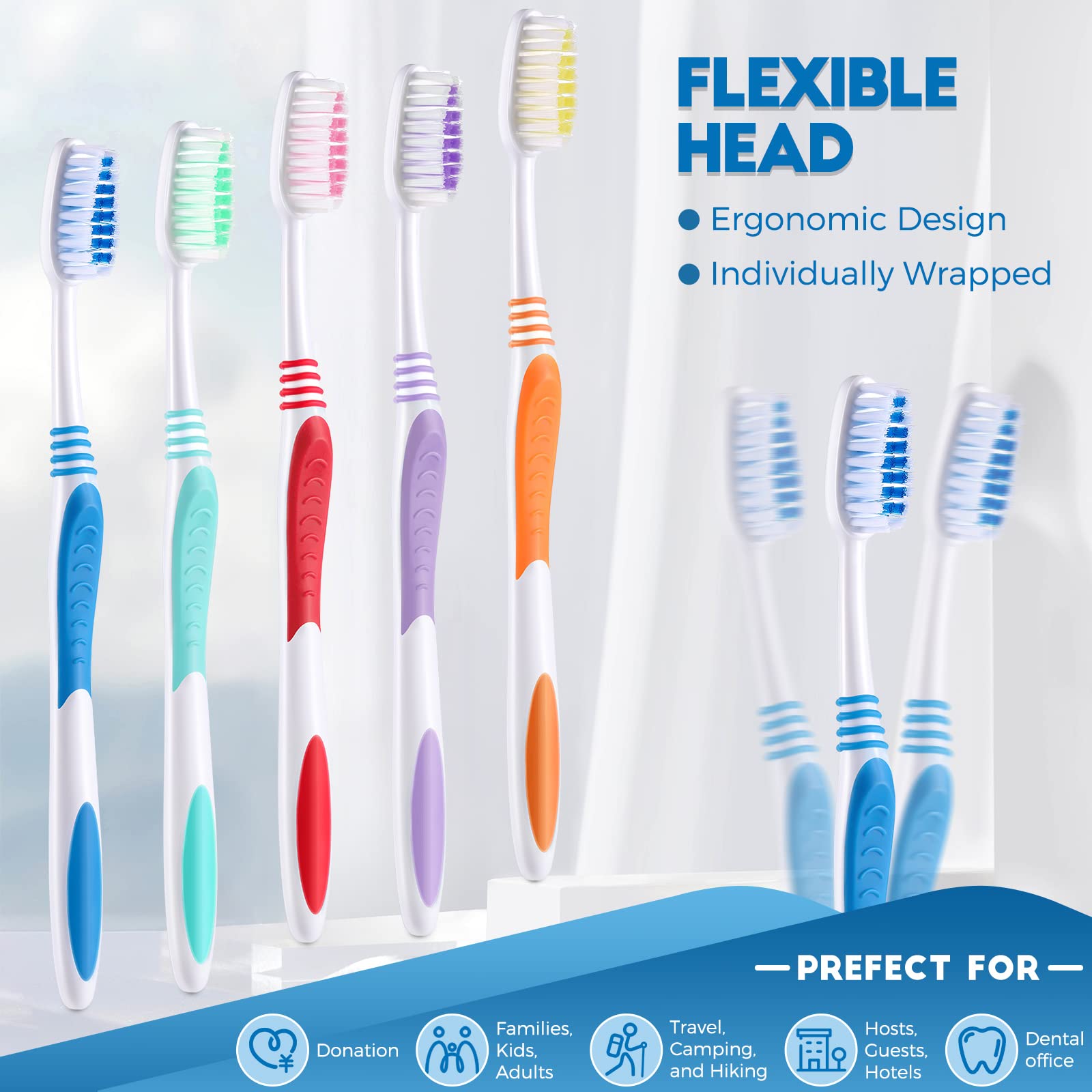 Disposable Travel Toothbrushes - Individually Wrapped, Medium Soft Bristles for Adults - Perfect for Hotels, Guests & On-the-Go Oral Care (Multi-Color Pack)