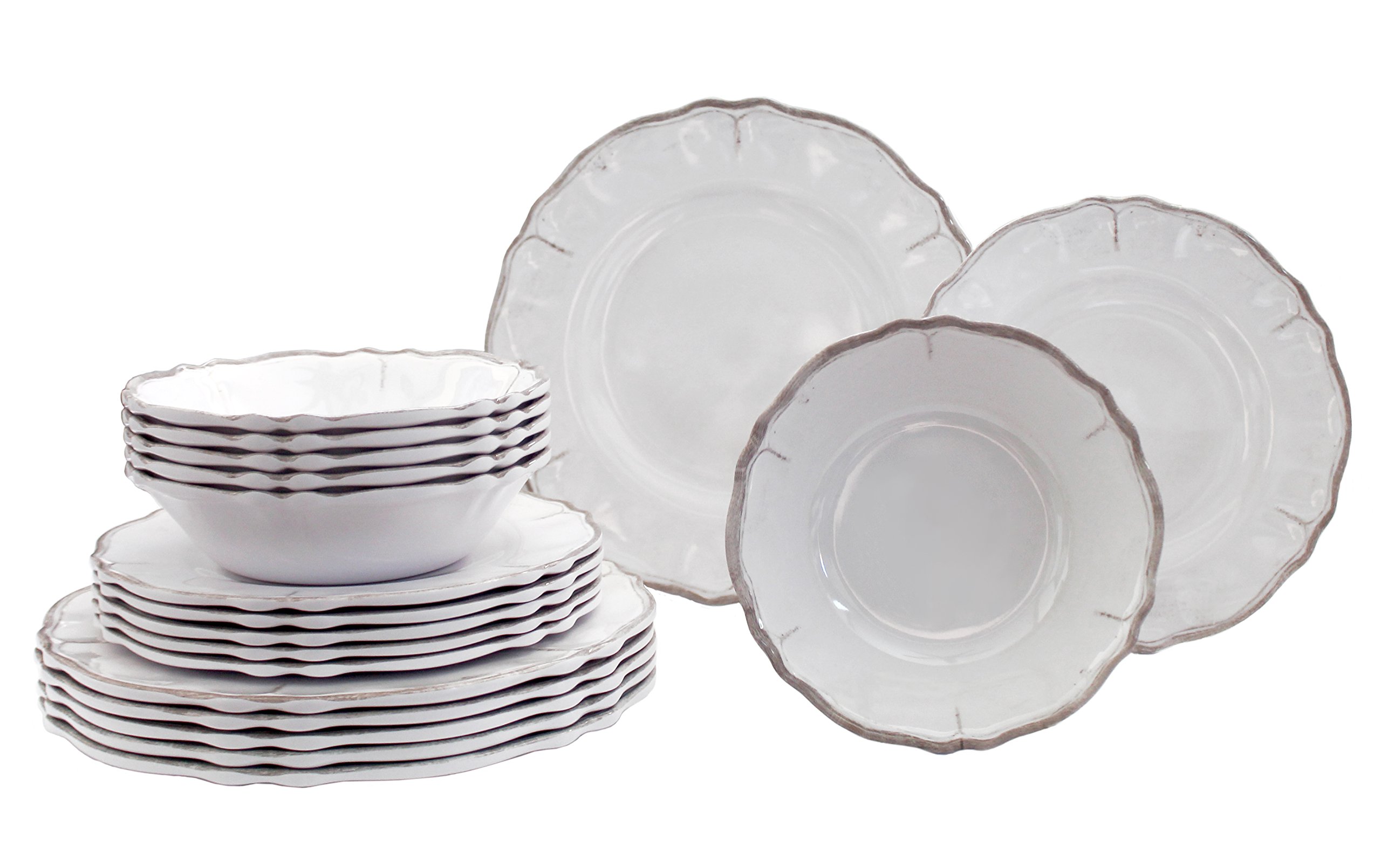 Luxury 18-Piece Melamine Dinnerware Set for 6 - Rustic Antique White by Le Cadeaux | Shatterproof & Lightweight Plates, Bowls & Mugs | Perfect for Outdoor Dining, Picnics, Camping & Everyday Use