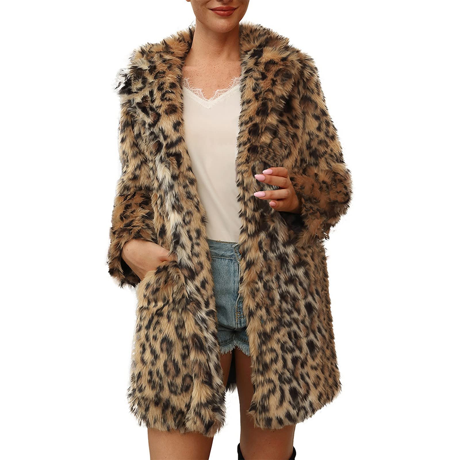 Women's Faux Plush Leopard Print Coat Jacket - Warm Long Sleeve Lapel Cardigan for Winter Fashion | Perfect for Casual Outings, Office Wear & Holiday Parties