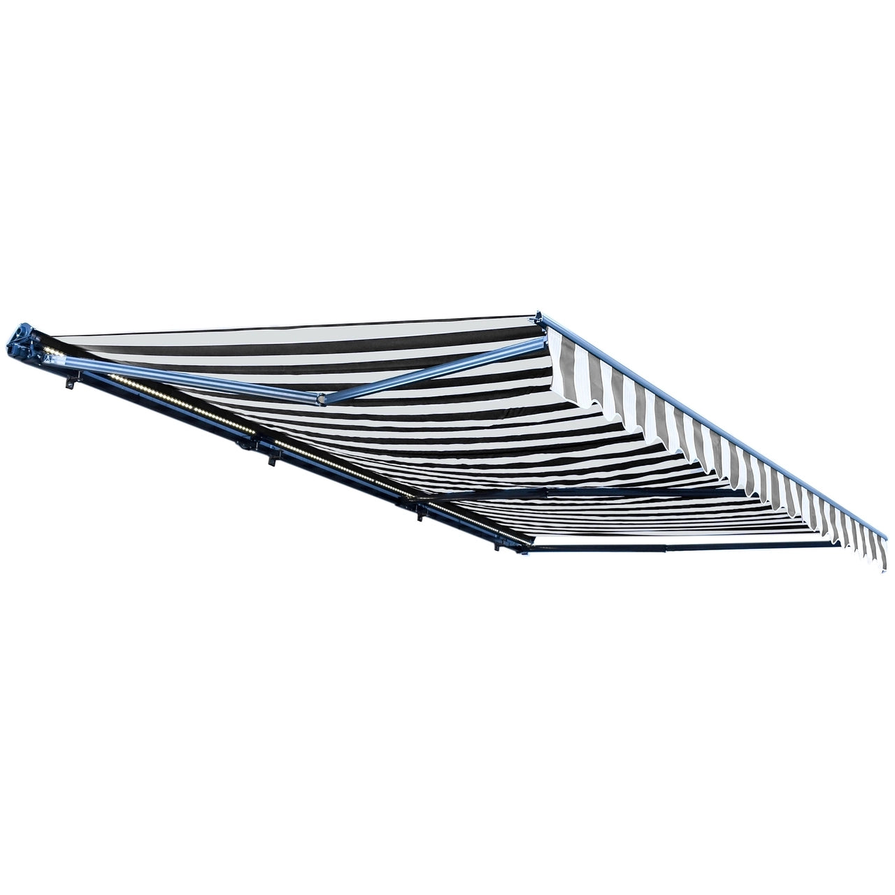 ALEKO 13x10 Feet Half Cassette Motorized Retractable LED Patio Awning - Gray & White Stripes Luxury Outdoor Shade for Deck, Garden, and Poolside
