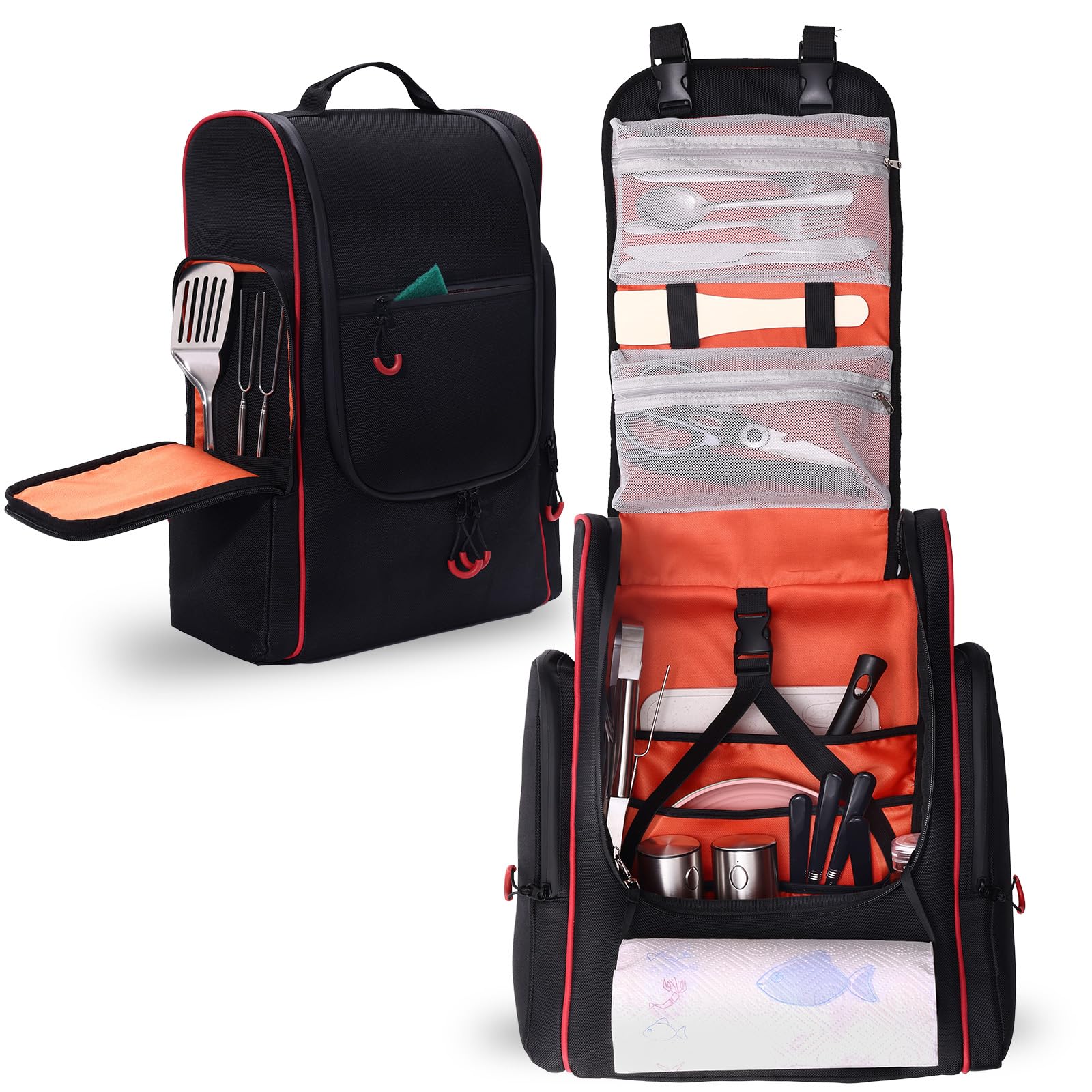**Large Hanging Camping Organizer Backpack for Outdoor Kitchen Storage – Multi-Pocket Cookware Bag with Paper Towel Holder | Perfect for BBQ, Grill Cooking & Camping Essentials (Bag Only)**