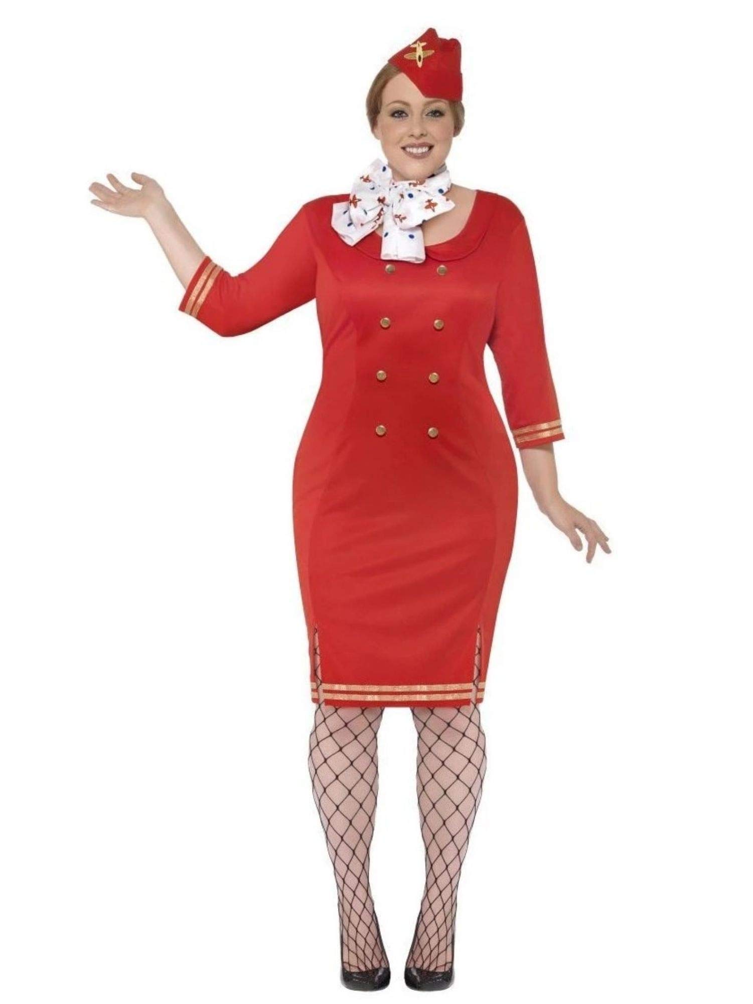 Smiffys Curves Air Hostess Costume - Sexy Flight Attendant Halloween Costume for Women, Plus Size Uniform Dress for Cosplay & Theme Parties