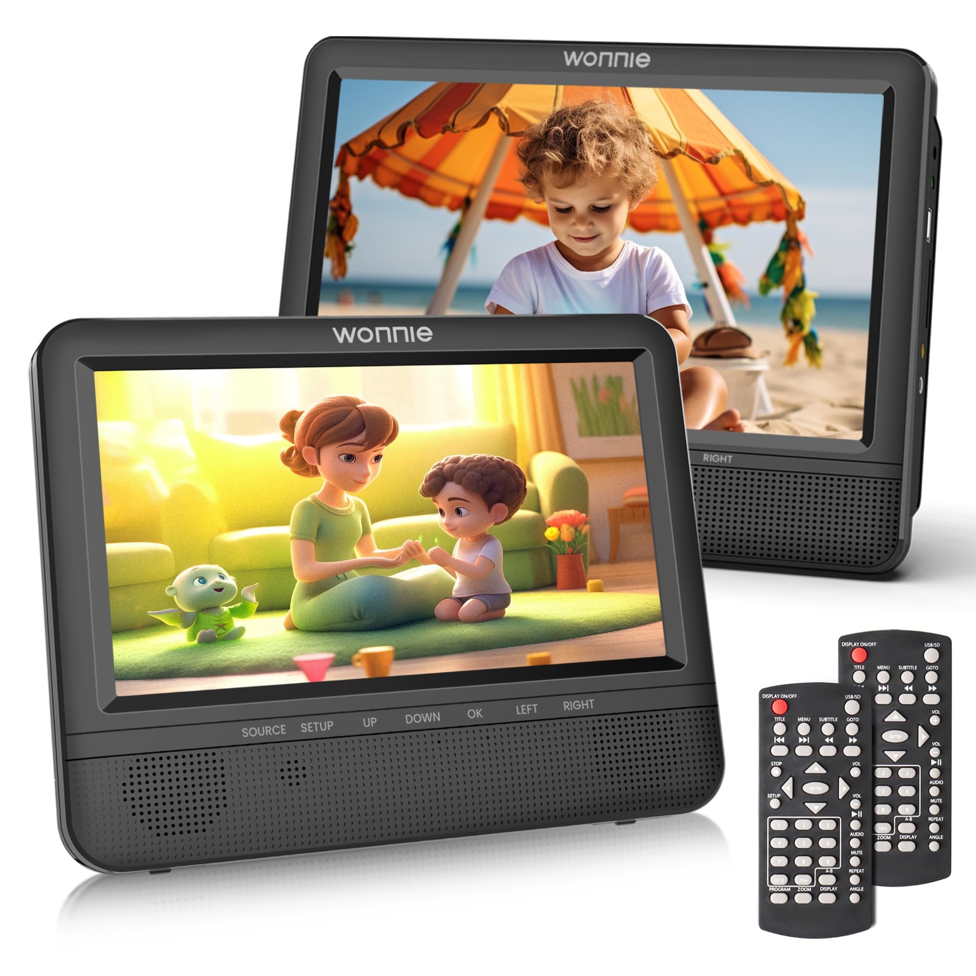 WONNIE 7.5 Inch Portable Car DVD Player - Dual Screen Playback with Headrest Strap, Supports Last Memory Function, AV Out/In, USB/SD Compatibility, All Region Free - Perfect for Road Trips & Family Travel Entertainment
