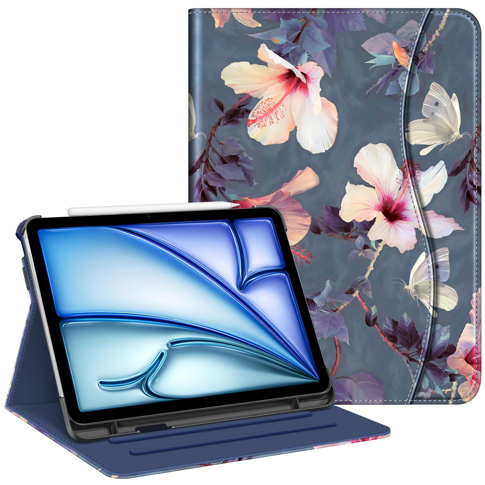 Fintie iPad Air 11-inch Case (M3 2025/M2 2024) & iPad Air 10.9-inch 4th/5th Gen Protective Cover - Multi-Angle Stand, Pencil Holder & Storage Pocket - Blooming Hibiscus Design for Work, School & Travel