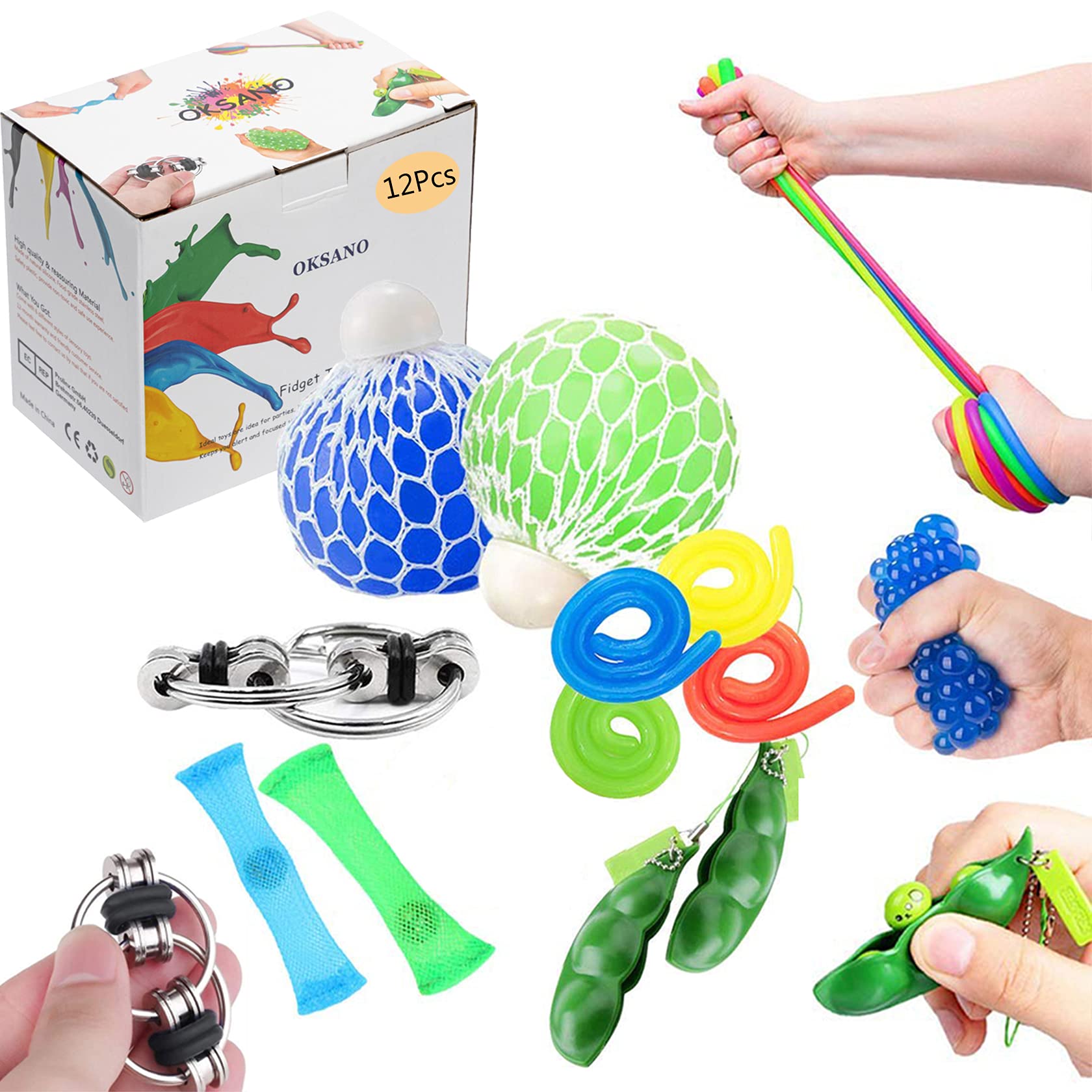 12Pcs Sensory Stress Relief Toys for Kids & Adults - Autism Fidget Toys, ADHD Anxiety Relief, Squeeze Ball, Flippy Chain, Soybean Stress Toys, Twisting Toys - Perfect for Classroom, Office & Travel
