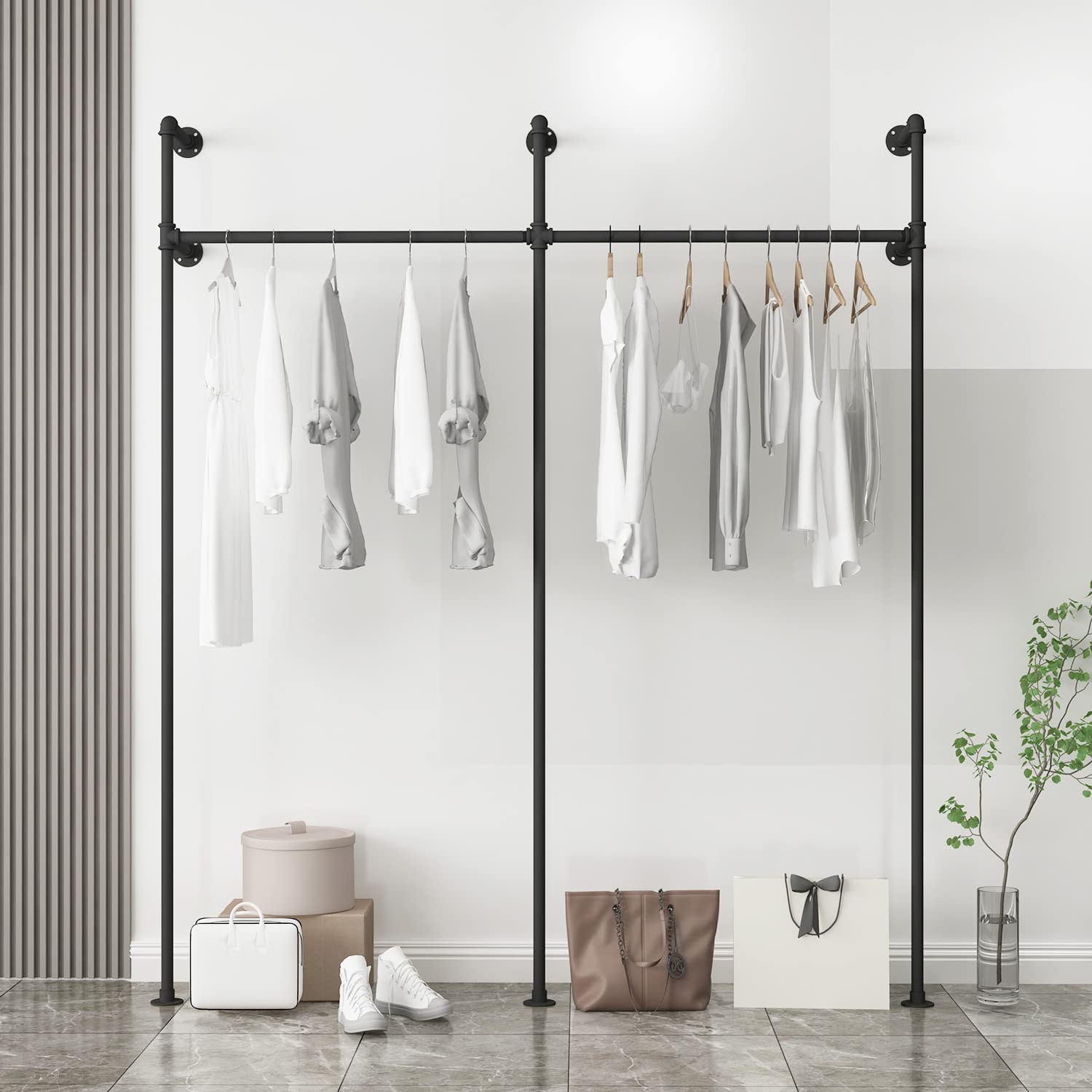 Industrial Wall-Mounted Pipe Clothing Rack - Heavy Duty Steampunk Garment Hanger for Retail Display & Home Closet Storage - Black (Perfect for Boutiques, Laundry Rooms & Small Space Organization)