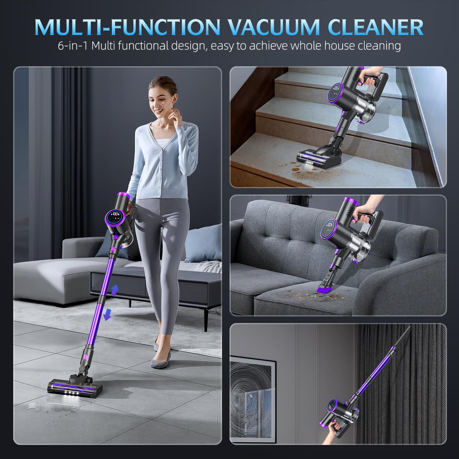 20KPA Cordless Stick Vacuum Cleaner with LED Display - 6-in-1 Lightweight Vacuum with 40Min Detachable Battery, 2 Cleaning Modes for Hard Floors, Carpets & Cars | Perfect for Home, Office & Pet Hair Cleaning